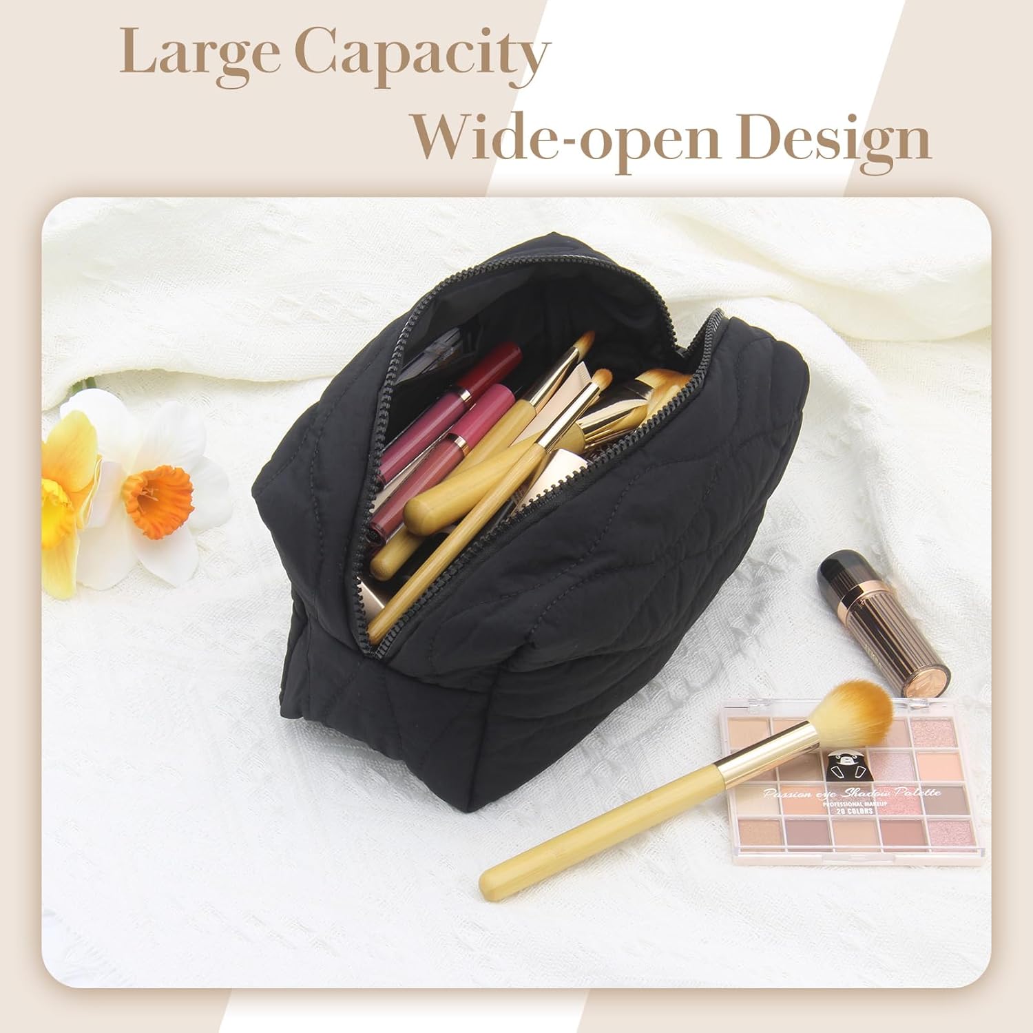 Make up Bag Travel Cosmetic Bag for Women Girls Zipper Puffy Padded Makeup Organizer Waterproof Portable Pouch Purse Lightweight Toiletry Accessories Storage Black - Image 2