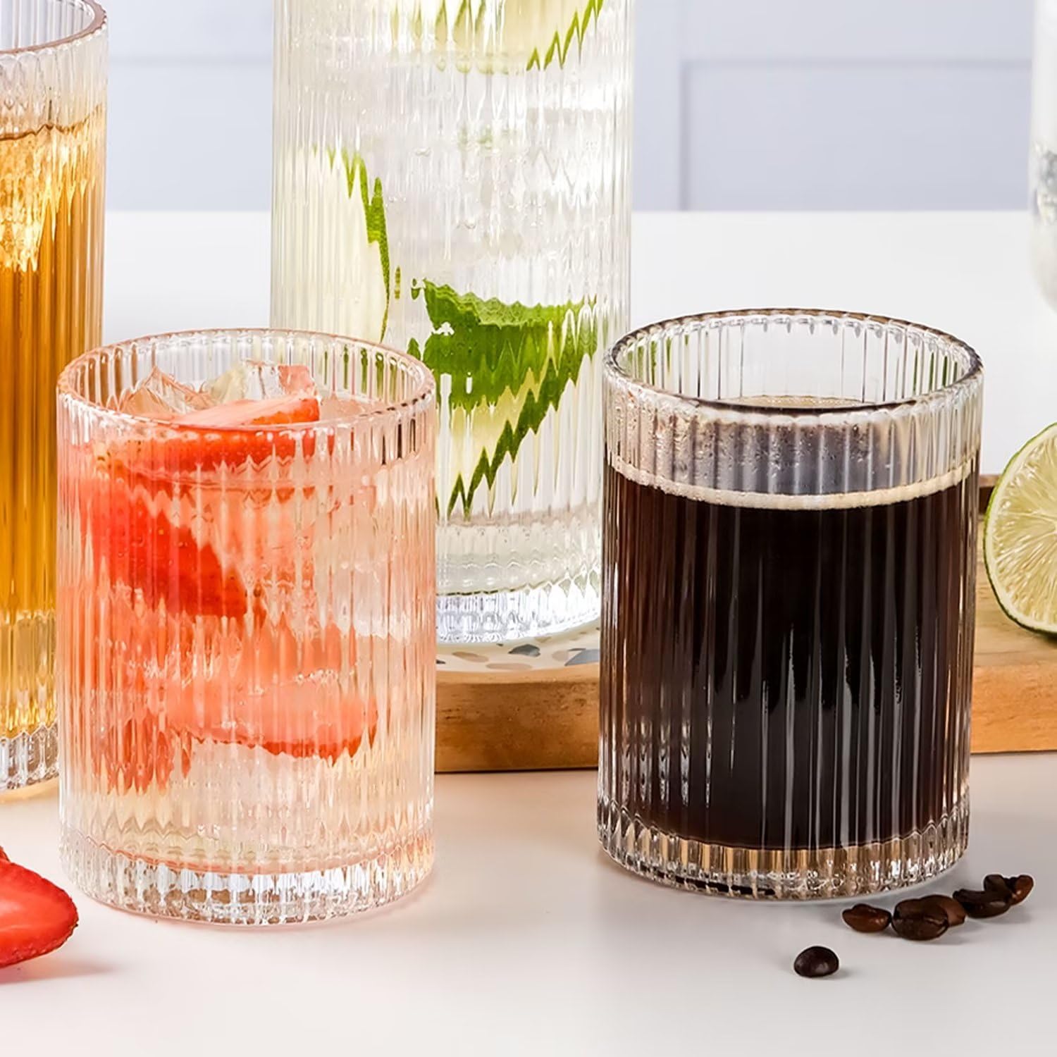 WHJY Ribbed Glassware Highball Glasses Unique Everyday Drinking Glasses Short Glasses Cups Set of 4 for Cocktail, Whiskey, Beer, Juice - 8.8oz 3.7" - Image 5