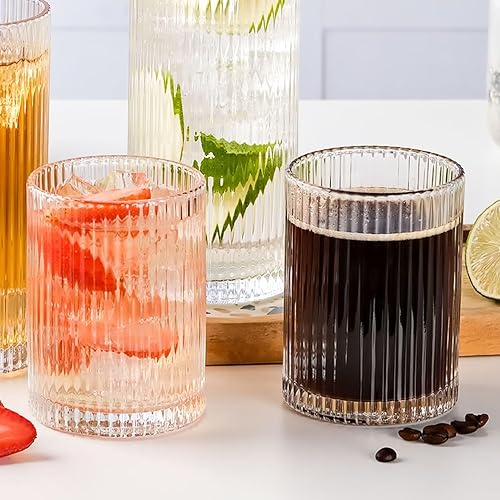 Miniatura 5 de WHJY Vasos altos de cristalería acanalados, vasos cortos únicos para uso diario, juego de 4 vasos para cóctel, whisky, cerveza, jugo, 8.8 onzas, 3.7