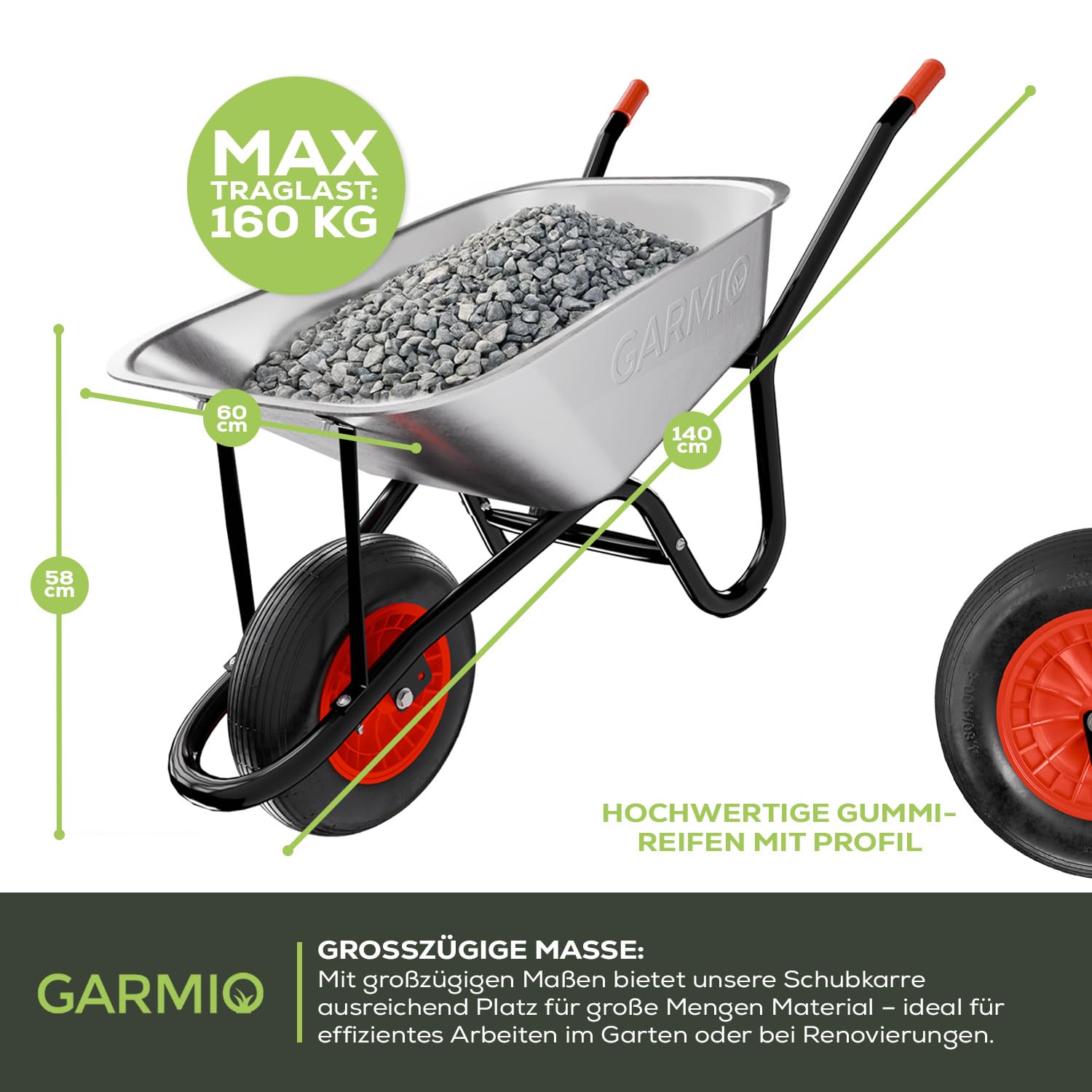 GARMIO® Schubkarre 85 Liter bis 160kg Tragfähigkeit Garten Bauschubkarre, Gummi-Luftreifen mit Felge - Wanne verzinkt, Hofkarre, Robustes Stahlgestell für Haus und Hof