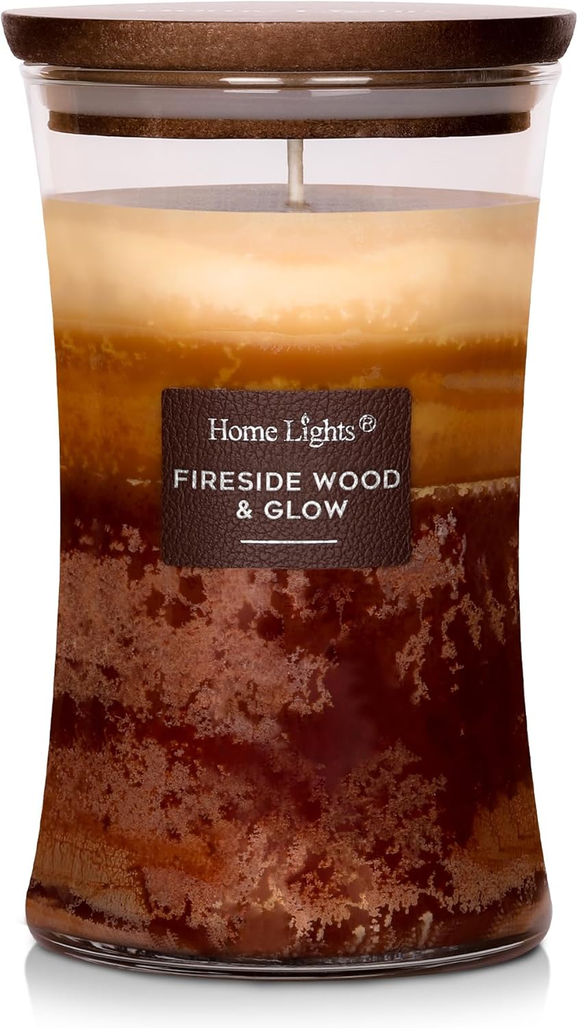 HomeLights 3-Layer Candles for Home Scented, 21.52 OZ Natural Soy Wax Scented Candles Burns Up to 100 Hours, Large Jar, Fireside Wood & Glow