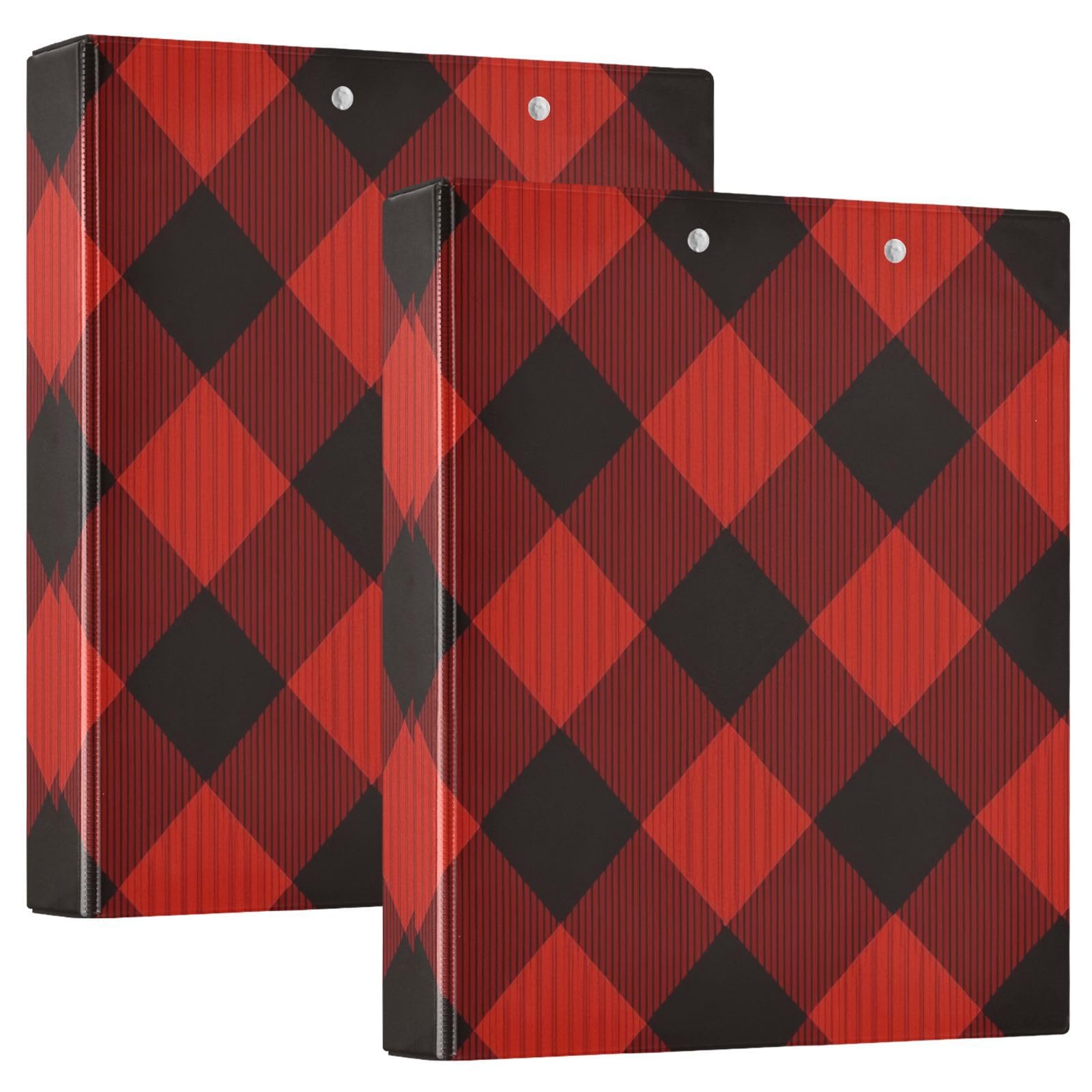 Carpeta de 3 anillos, carpeta de anillos en D a cuadros rojos y negros, paquete de 2 | Con portapapeles y bolsillos, para escuela, universidad, oficina