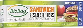 BioBag 100% Certified Compostable Resealable Sandwich Bags, 25 Count, Perfect for Lunches, Snacks, and On The Go