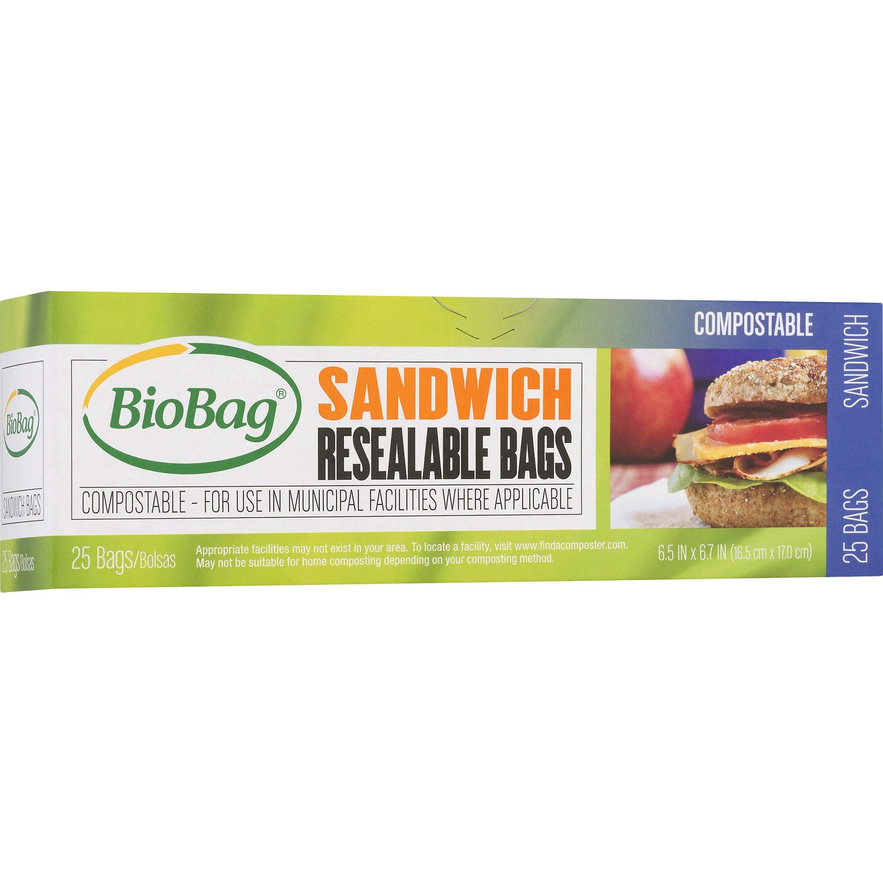 BioBag 100% Certified Compostable Resealable Sandwich Bags, 25 Count, Perfect for Lunches, Snacks, and On The Go Green