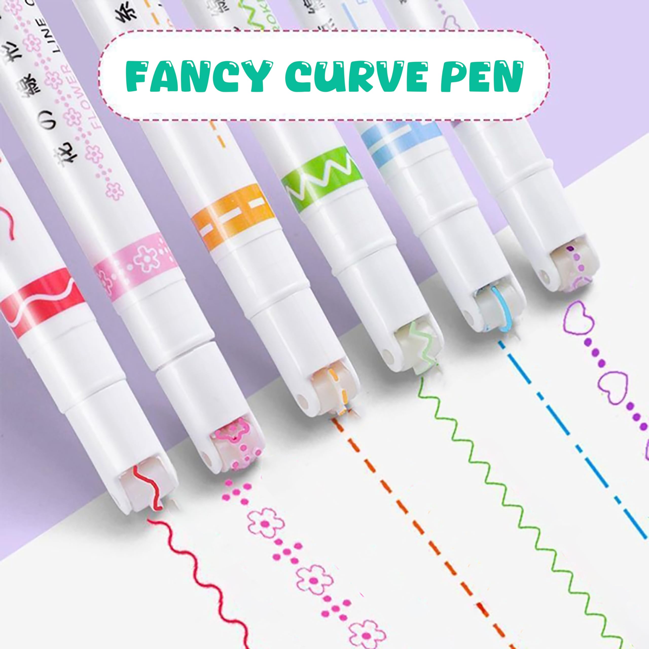 VGRASSP Linear Roller Curve Highlighter Pen Pack Of 6 Pens - Toy Set For Kids And Adults - Includes 6 Different Patterns and 6 Colors - Best For Decorating Scrapbook, Highlighting Text - Image 9 thumbnail