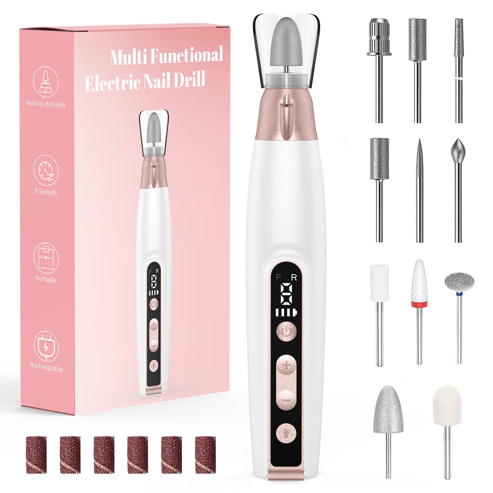 Kabellos Tragbar Nagelfräser, Elektrische Nagelfeile 11 in 1 Fräser Nägel Professionell Nail Drill bis zu 10000 U/min, 9 Geschwindigkeitsstufen einstellbar, Nagelfeile Fräser für Gelnägel Acrylnäge