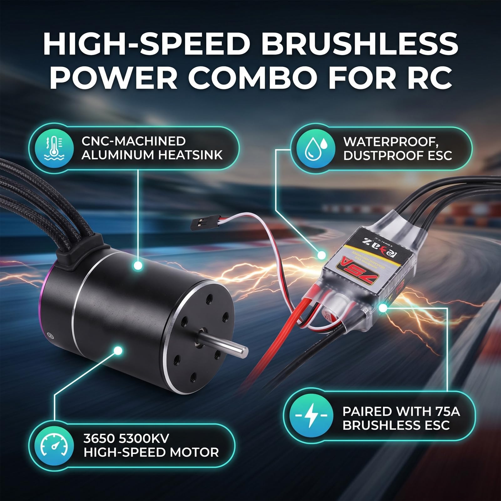 Dilwe Set Combinato ESC Motore RC, Motore Brushless 5300KV 3650 con ESC 75A per Parti di Aggiornamento per Barche per Auto 1/10 1/8 RC