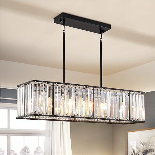 Siljoy Candelabro rectangular moderno de cristal, 5 luces, color negro, rectangular, con forma de gota de lluvia, lámpara de techo colgante lineal