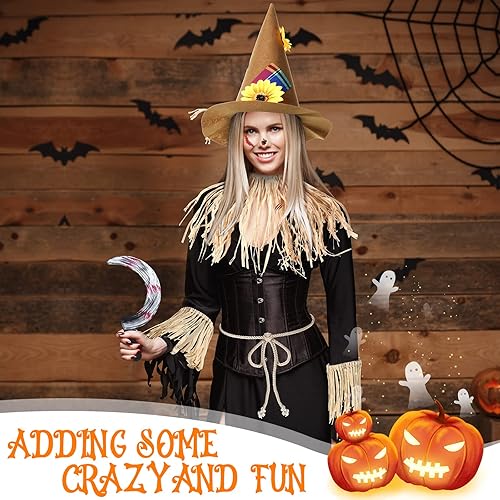 Miniatura 7 de Disfraz de espantapájaros de Halloween, incluye sombrero de espantapájaros, kit de paja de espantapájaros de rafia, tatuajes faciales, accesorio de