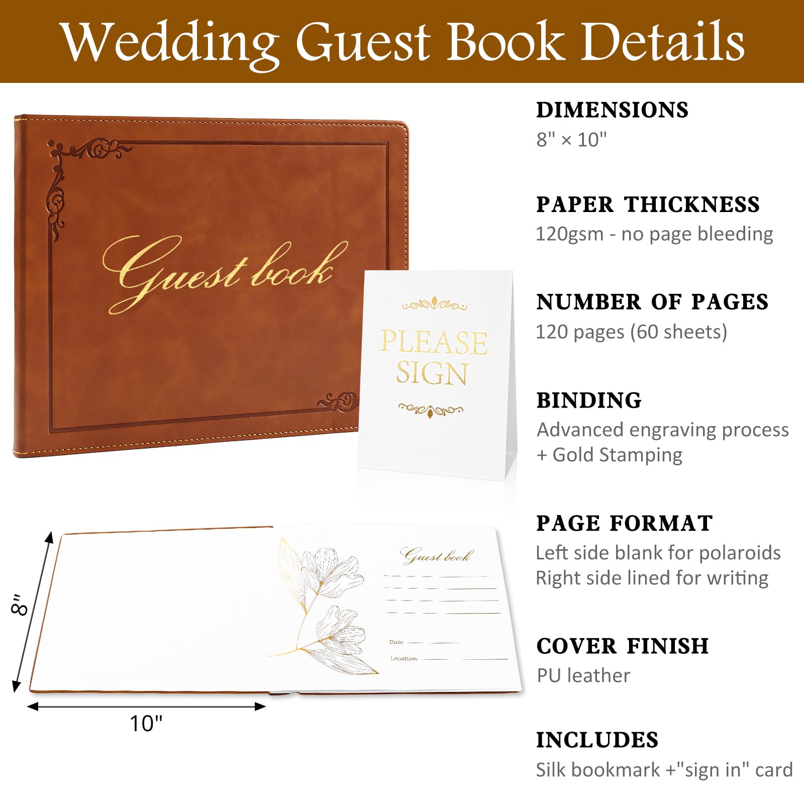 Gästebuch und Stand-up-Schilder-Set, Leder, 20,3 x 25,4 cm, Goldfolie, Registrierungsbuch für Hochzeitsempfang, Ruhestandsfeier, Ferienhäuser und Veranstaltungen, 120 Blatt (braun)