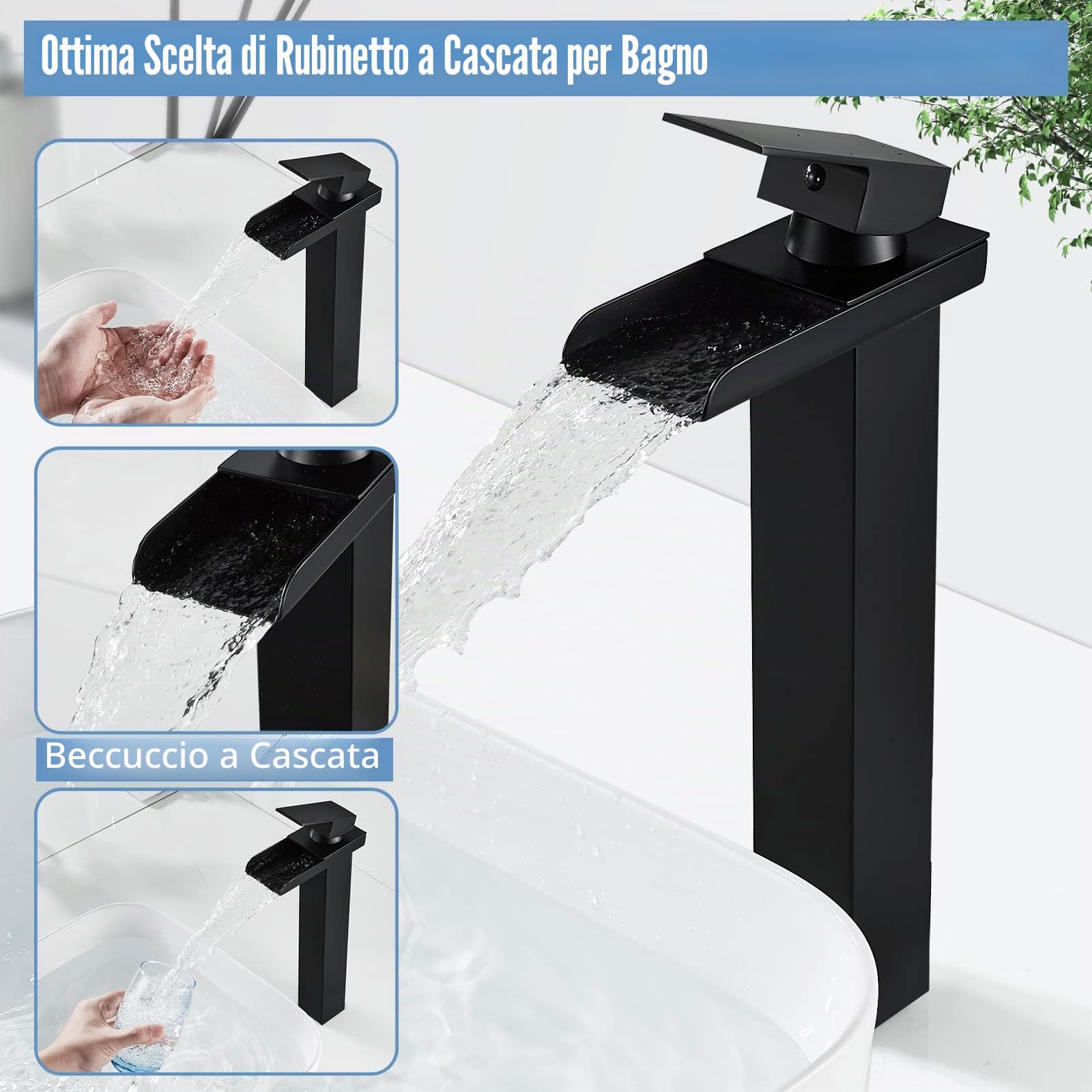 Rubinetto Bagno Lavabo Cascata Nero Alto, Miscelatore Lavabo Bagno Rubinetto per Lavabo con Altezza del Bocca di 265MM, Moderno Miscelatore Monocomando per Bagno Ottone, Acqua Calda e Fredda, G3/8