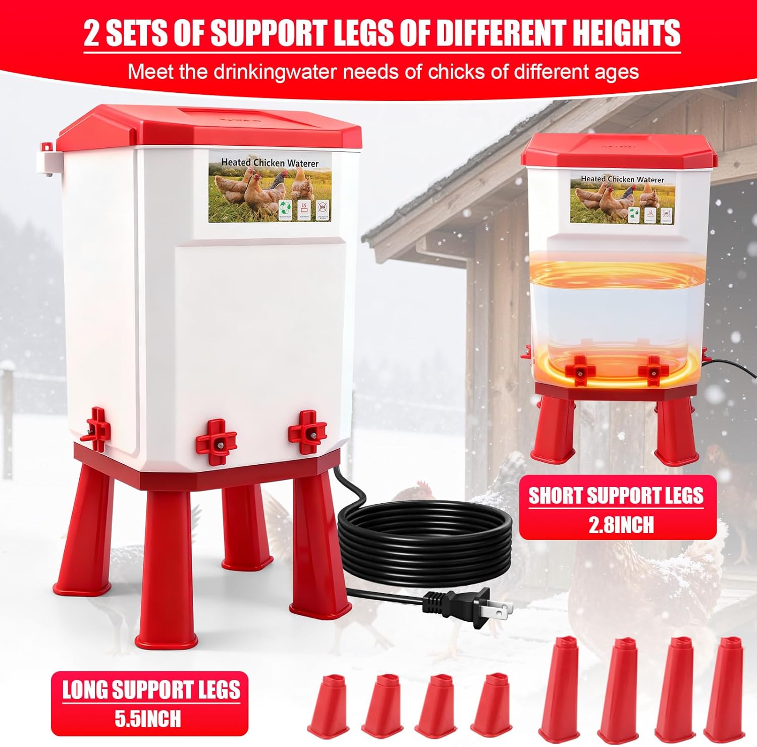 3 gallon heated chicken waterer for winter automatic chicken water heater,adsjustable height anti-freezing poultry watering system with thermostatic control,red,12.6 in x 8.3 inch x 8.3 in red 12.6 inch x 8.3 inch x 8.3 inch