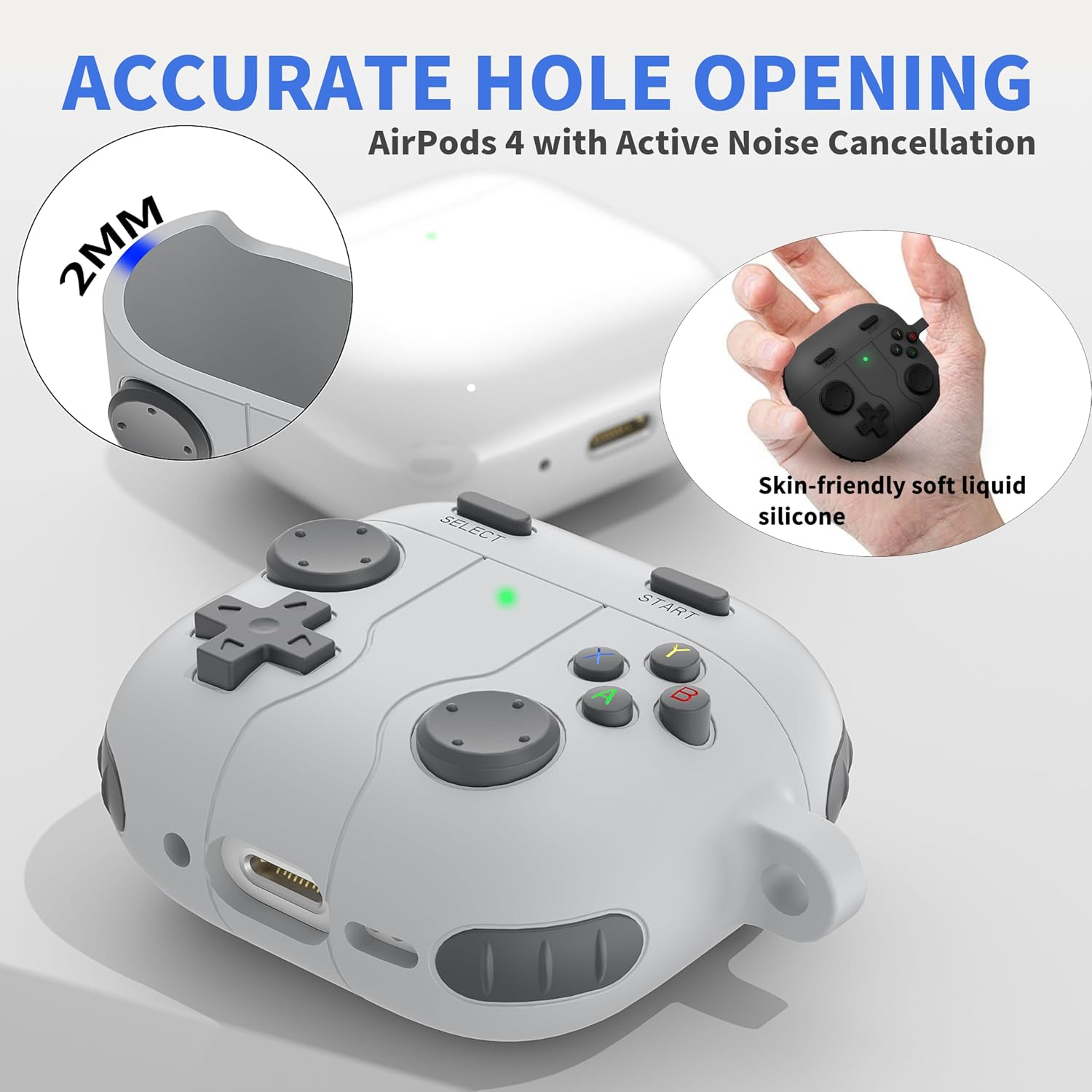 Game Case for AirPods 4 Cover Shock-Proof Protective Silicone Case with Cleaning Pen and Keychain Accessories for Apple Airpods 4th Generation (Gray) image 2