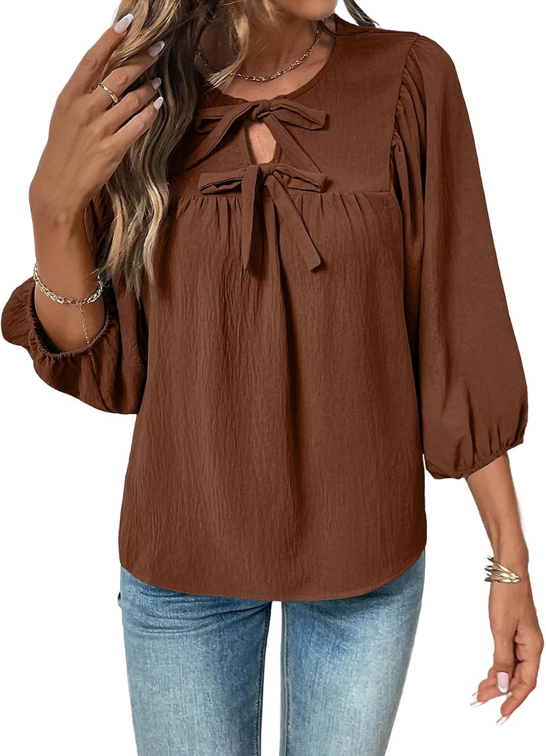 SHEWIN Womens Tops 3/4 Sleeves Blouse Babydoll Dressy Casual Top Elegant Bow Tie Loose Ladies Shirts 2026