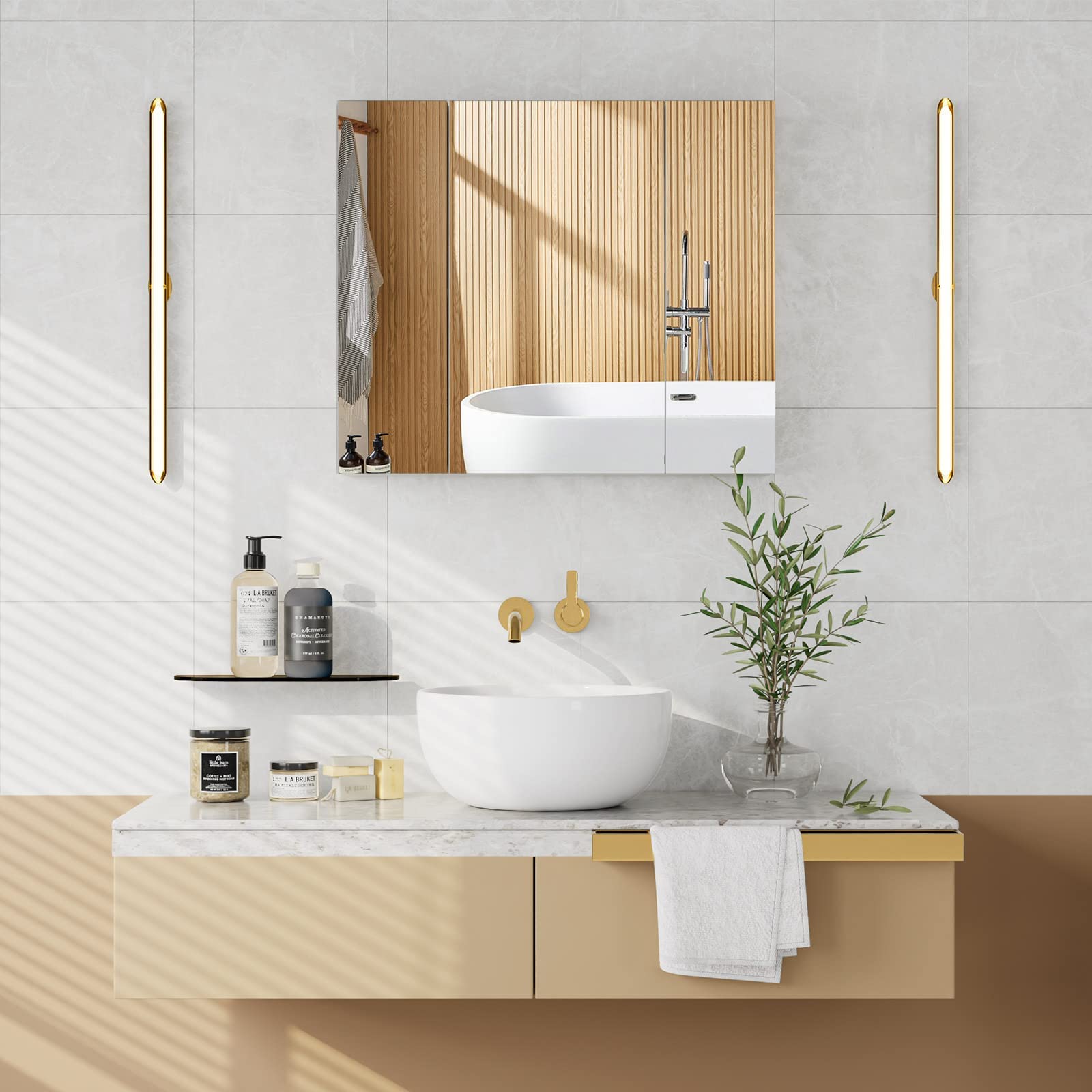 FOREHILL Armadietto a Specchio per Bagno Con Contenitore, 3 Ante e 2 Ripiani Regolabili, Mobiletto 70x15x60cm Bianco