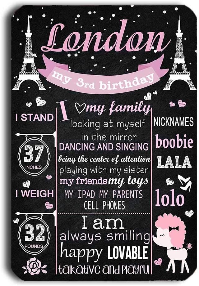 TJ Paris Eiffel Tower Pink First Birthday Reusable Easy Clean Metal Tin Girl 1St Party Chalkboard Style Wall Decoration Signs 8'' x 12''- Customizable with Liquid Chalk Markers