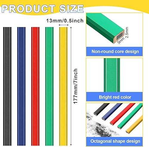 Miniatura 2 de Mimorou 200 lápices de carpintero de 7 pulgadas, octogonal plano, 5 colores, negro duro, lápices de construcción, lápices de contratista para