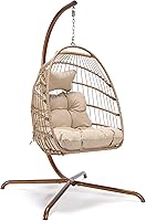 Vista 9 de NICESOUL Acogedora silla colgante con soporte para interiores y exteriores, silla columpio de mimbre para patio con cojín y patas doradas, 350