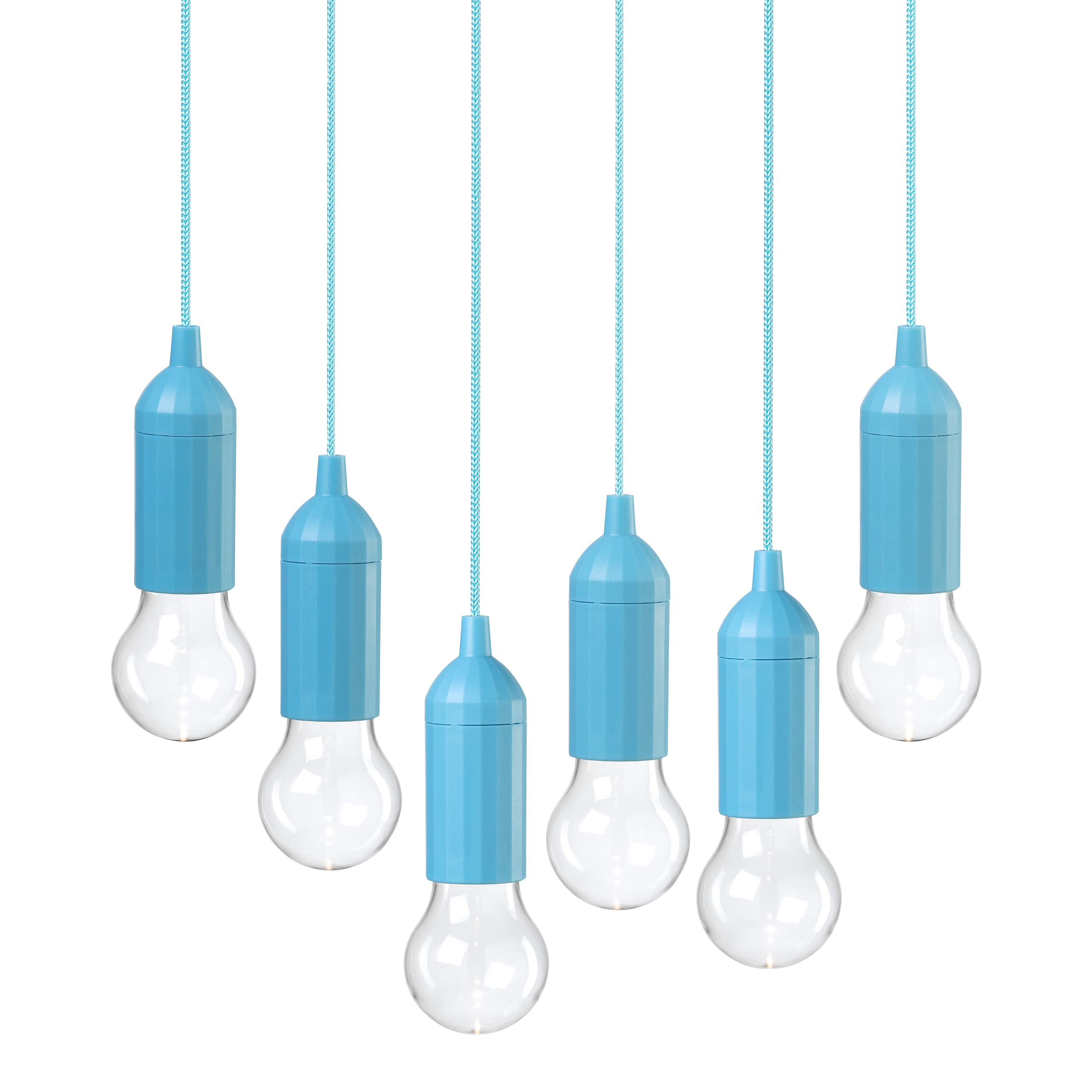 Auraglow Battery Operated Outdoor Pendant Pull Cord Rope LED Lights – Ideal for Garden Parasol, Gazebo, Pergola or Indoor - Blue - 6 Pack
