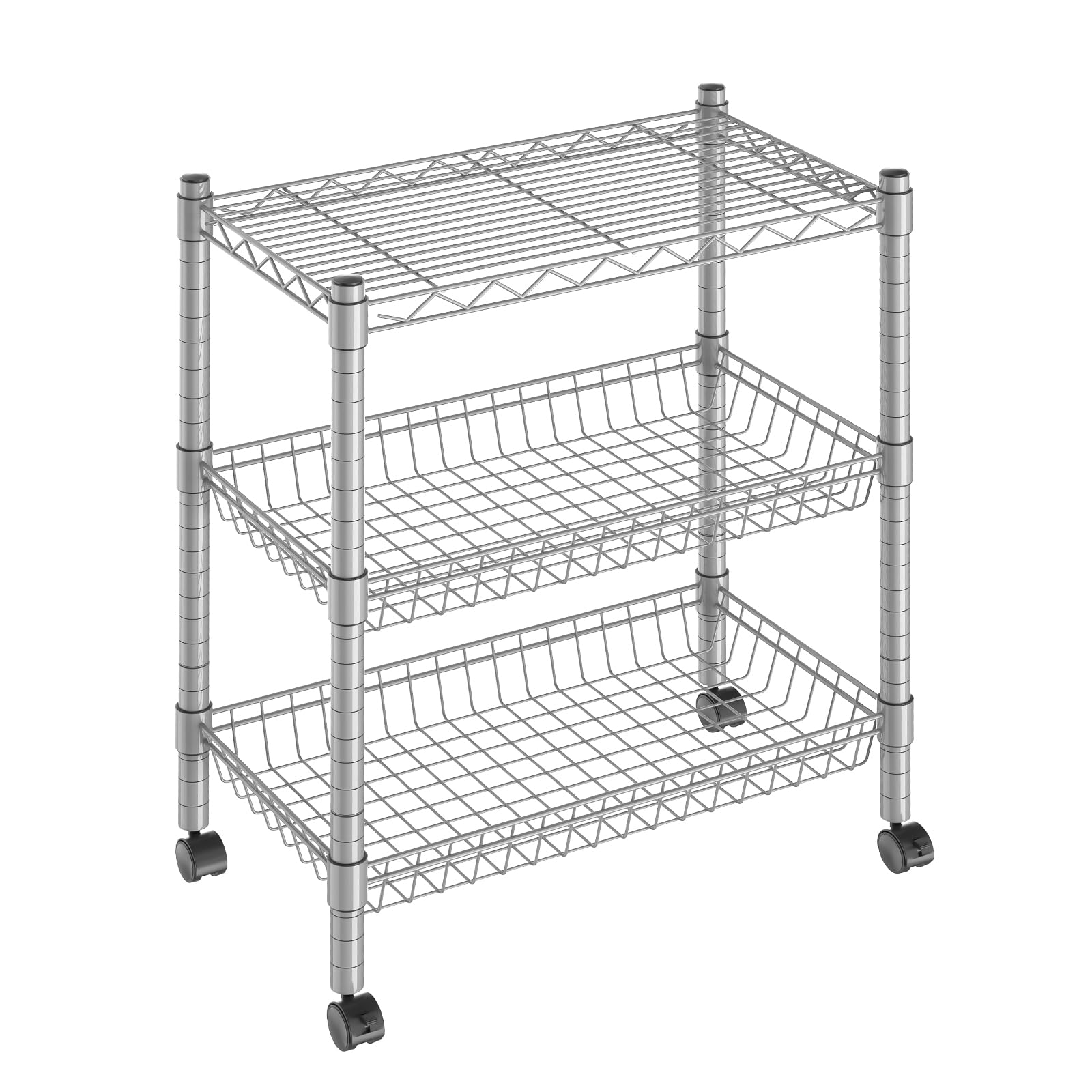 Guan River 3 Tier Wire Shelving Wire Basket Shelf Storage Cart Adjustable Metal Shelf 2 Bottoms for Choose(Castor or Leveling Feet) for Office,Kitchen