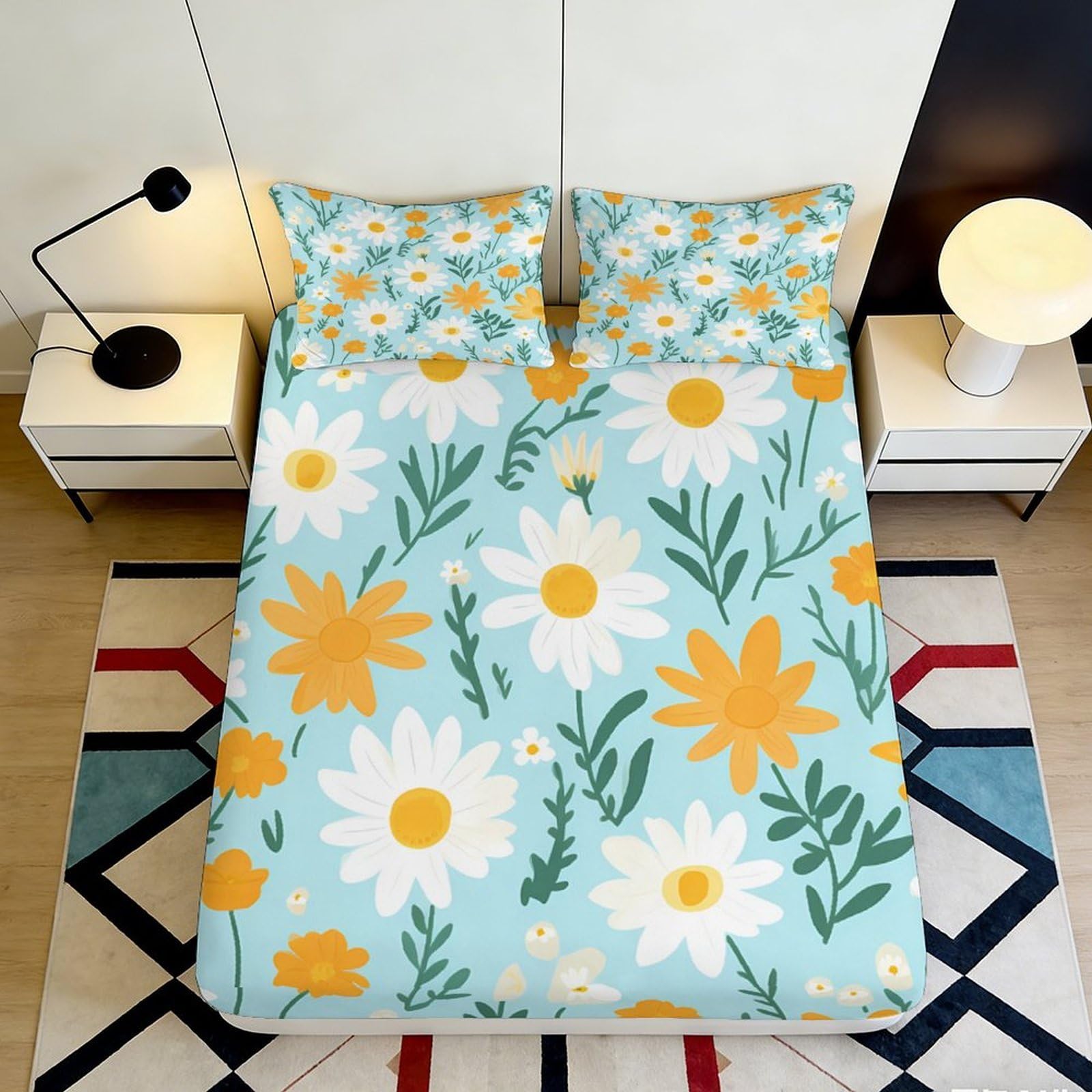 Jqzkxnhpbr Style-9 3D Printed Daisy Floral Fitted Sheet Microfiber Soft Yellow Green Bed Cover For Bedroom Dorm Mattress Decor 90X200x25cm