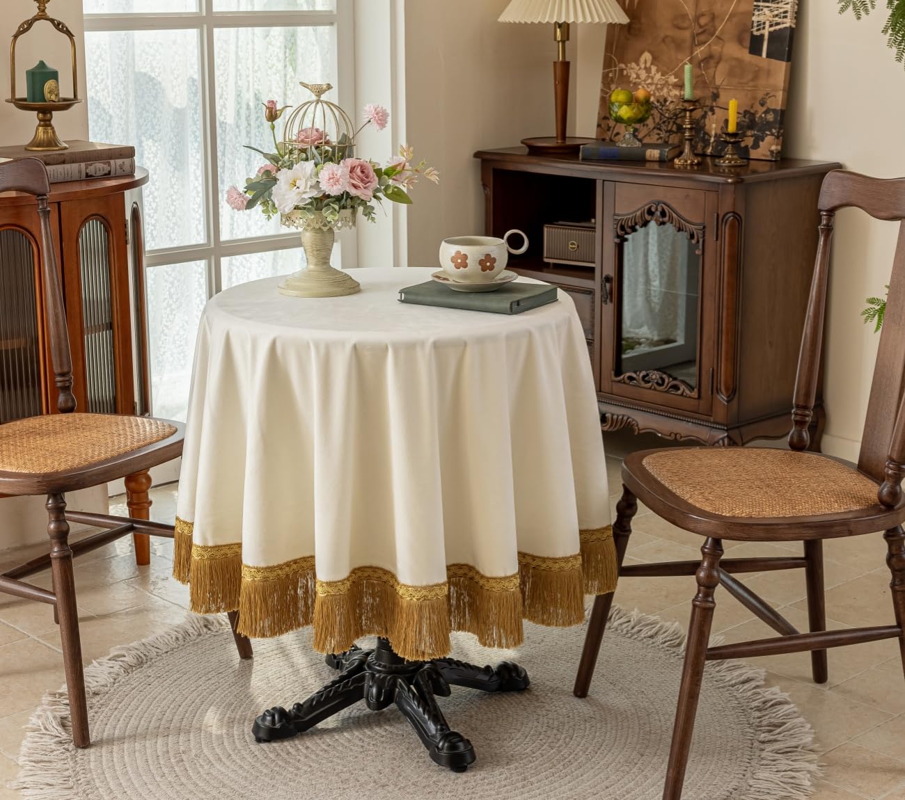F-CHU Runde Samt-Tischdecke Mit Goldenen Quasten – 122 Cm, Dick, Vintage (für Hochzeit, Party, Deko)