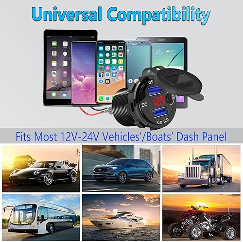 Miniatura 19 de Paquete de 2 salidas USB de 12 V, carga rápida dual 3.0, cargador de aluminio impermeable con voltímetro LED e interruptor de alimentación, Paquete