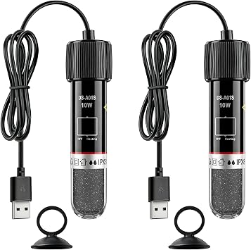 2PCS Fish Tank Heaters for Tropical Fish, USB 10W Mini Aquarium Heater with Thermostat, Submersible Turtle Tank Heater for Small Aquariums, Small Heating Rod for Salt Water and Freshwater(1-15 Litres)