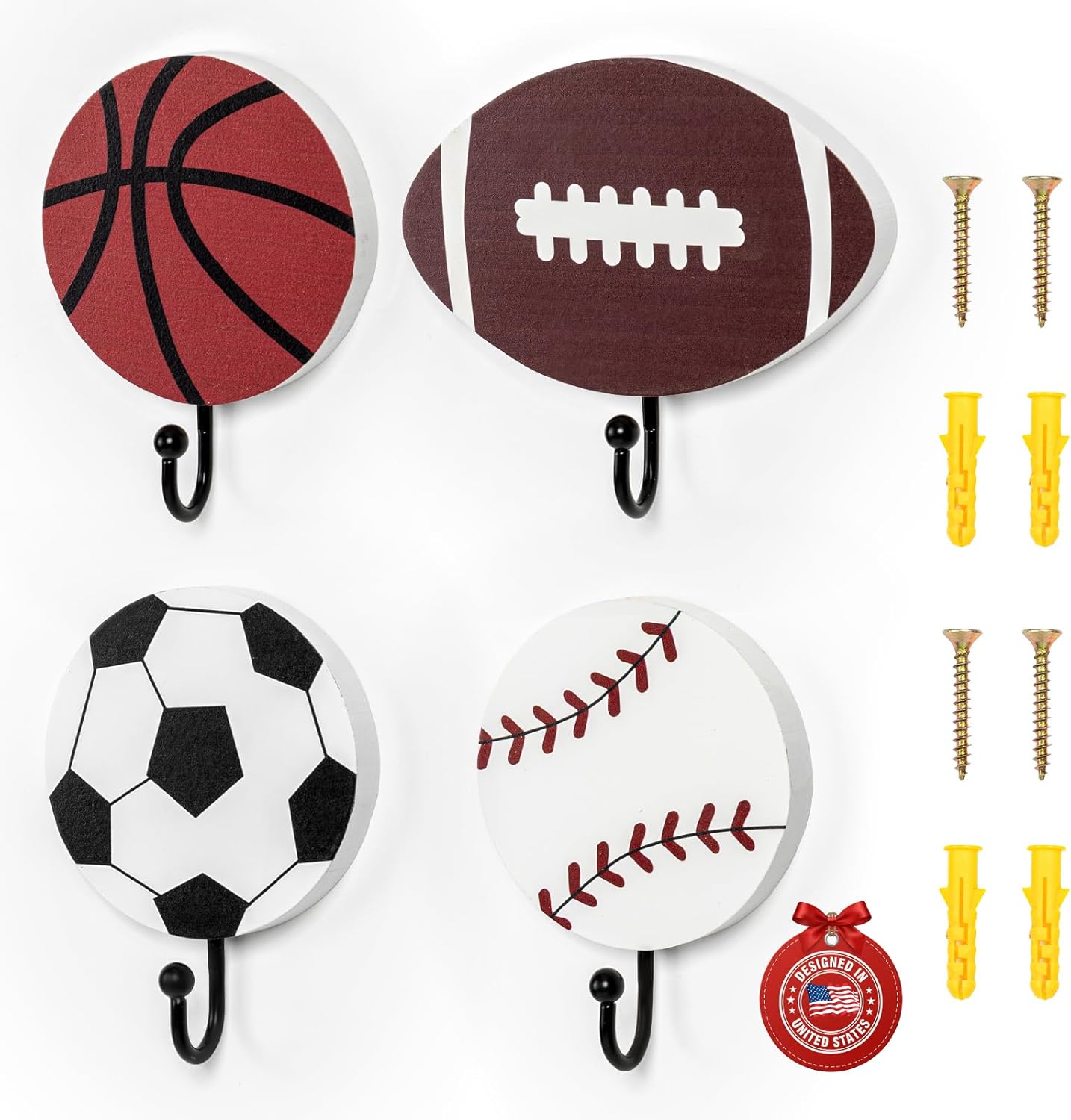 4 Pcs Ball Coat Hooks, Wooden Fan-Themed Wall Hooks, Baseball Football Soccer Basketball Room Decor, Towel Bathroom Organizer, Holiday Decor Hook