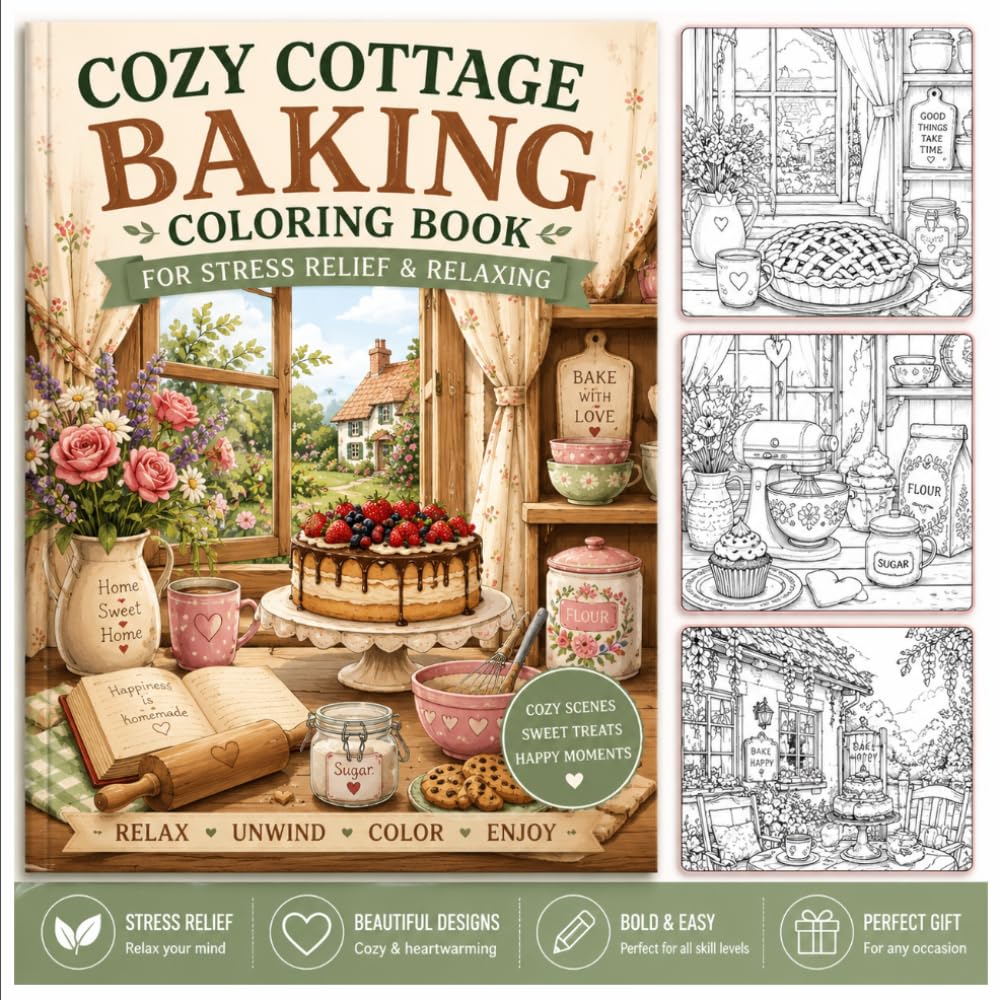 Cozy Cottage Baking Coloring Book: Stress Relieving Cottage Baking Designs for Adults