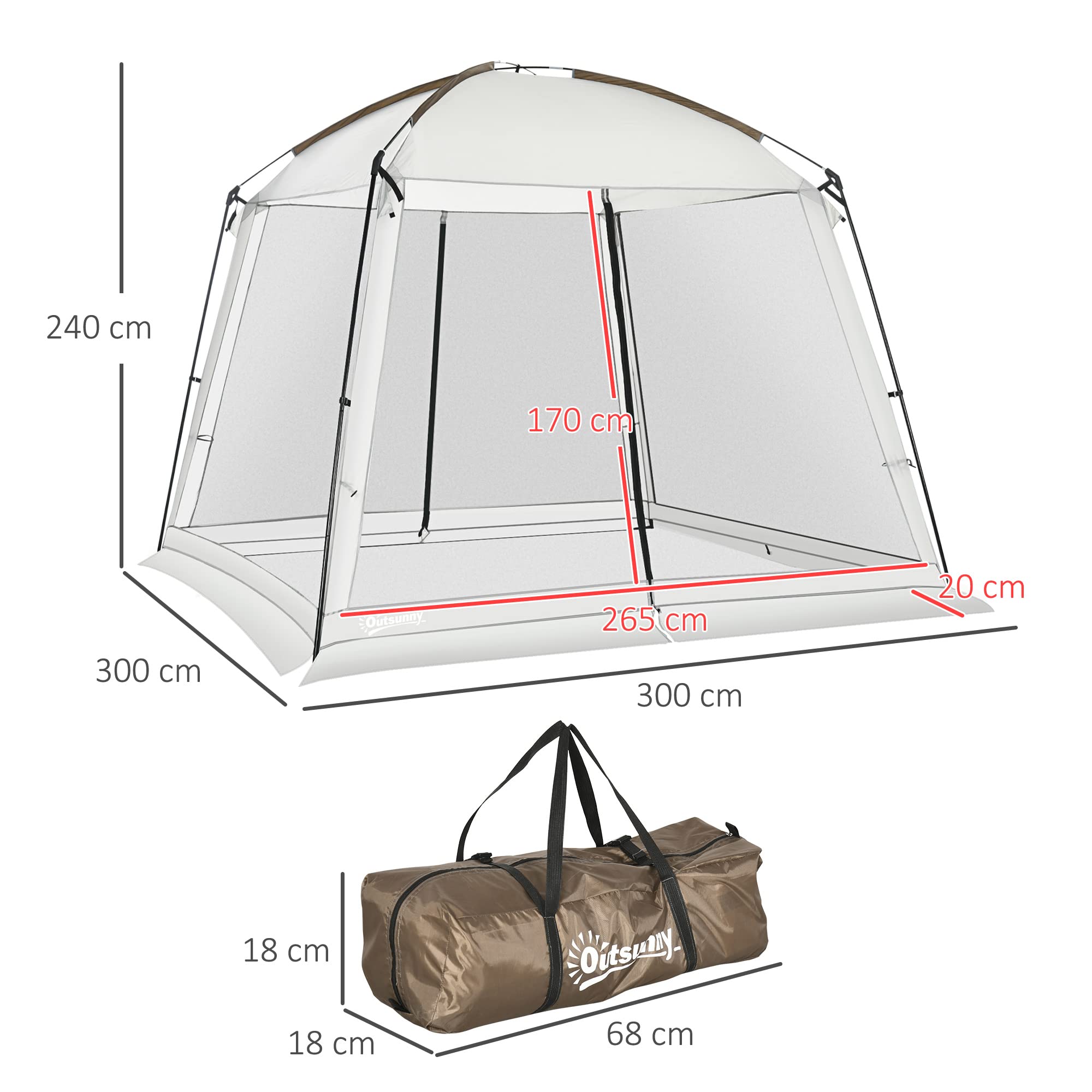 Outsunny Carpa de Jardín 3x3 m para 6-8 Personas con 4 Mosquiteras Blanco | Cenador, 2 Puertas, Protección UV50+, Bolsa de Transporte, Carpa para Camping Terraza Patio Exterior