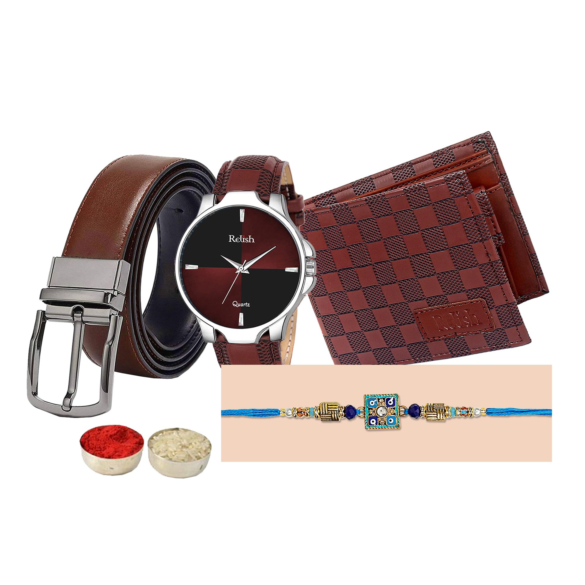 Relish Rakhi Gift for Brother Watch, Texture Wallet and Reversible Belt, Rakhi, Roli Chawal Pack | Raksha Bandhan Gift for Brother | (B0C5JM37GG) Amazon Price History, Amazon Price Tracker