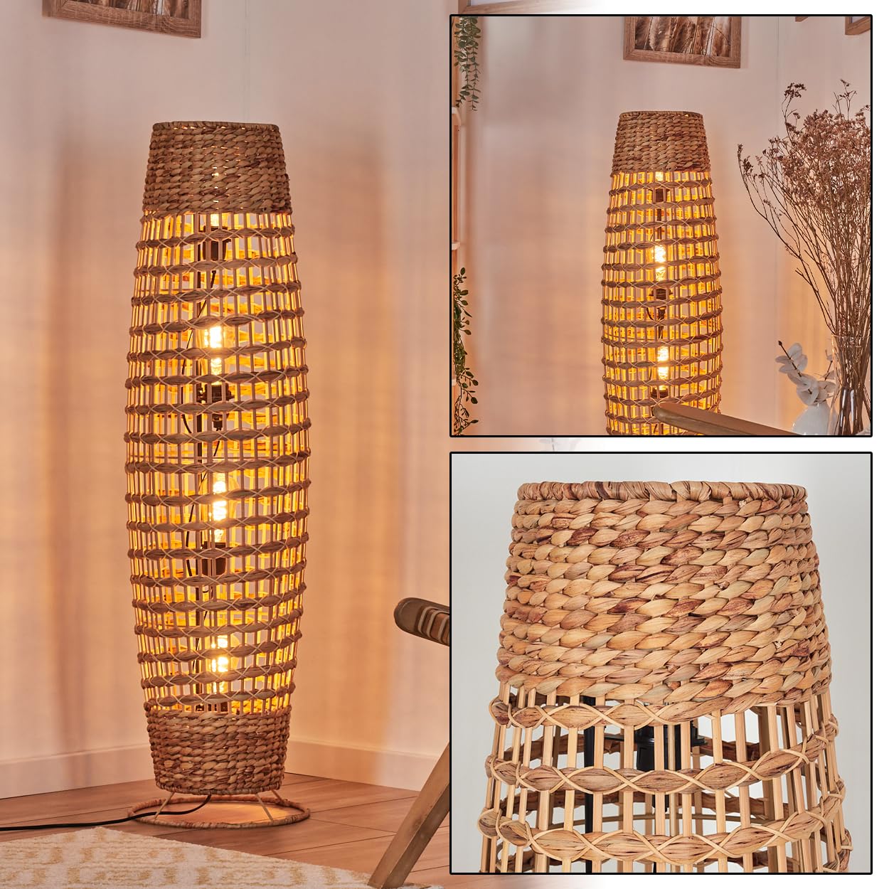 HOFSTEIN Stehleuchte Cardeira, Bast Natur, skandinavisches Design | Boho-Style, Lichteffekt, E27 Fassung, Höhe 111 cm, Fußschalter