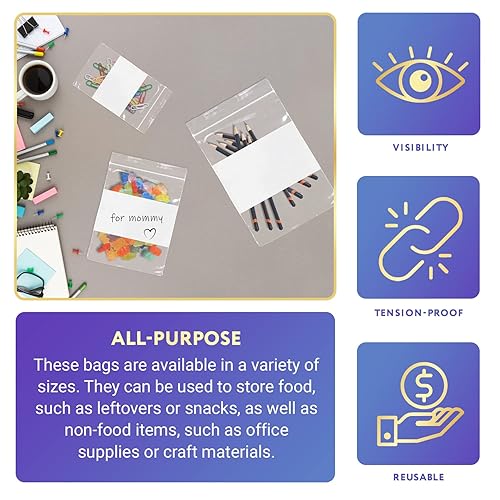 Miniatura 4 de Bolsas con cierre de bloque blanco, 6 x 9 pulgadas. Paquete de 100 bolsas con cremallera para almacenamiento de alimentos con bloque de escritura.