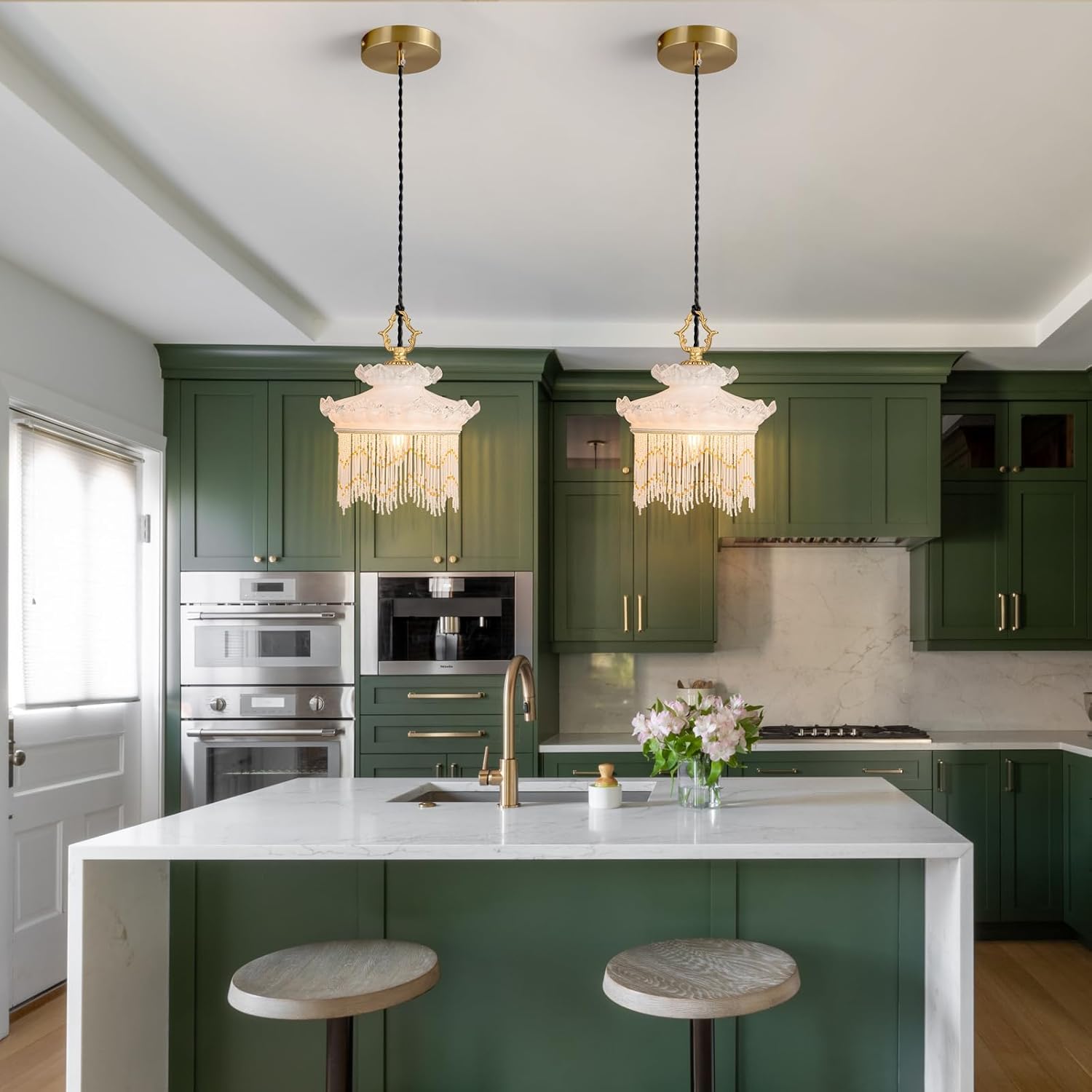 Brass Vintage Glass Pendant Light Cream Style Glass Tassel Chandelier,Adjustable Height Pendant Lights for Dining Room Kitchen Island Bedroom Hallway