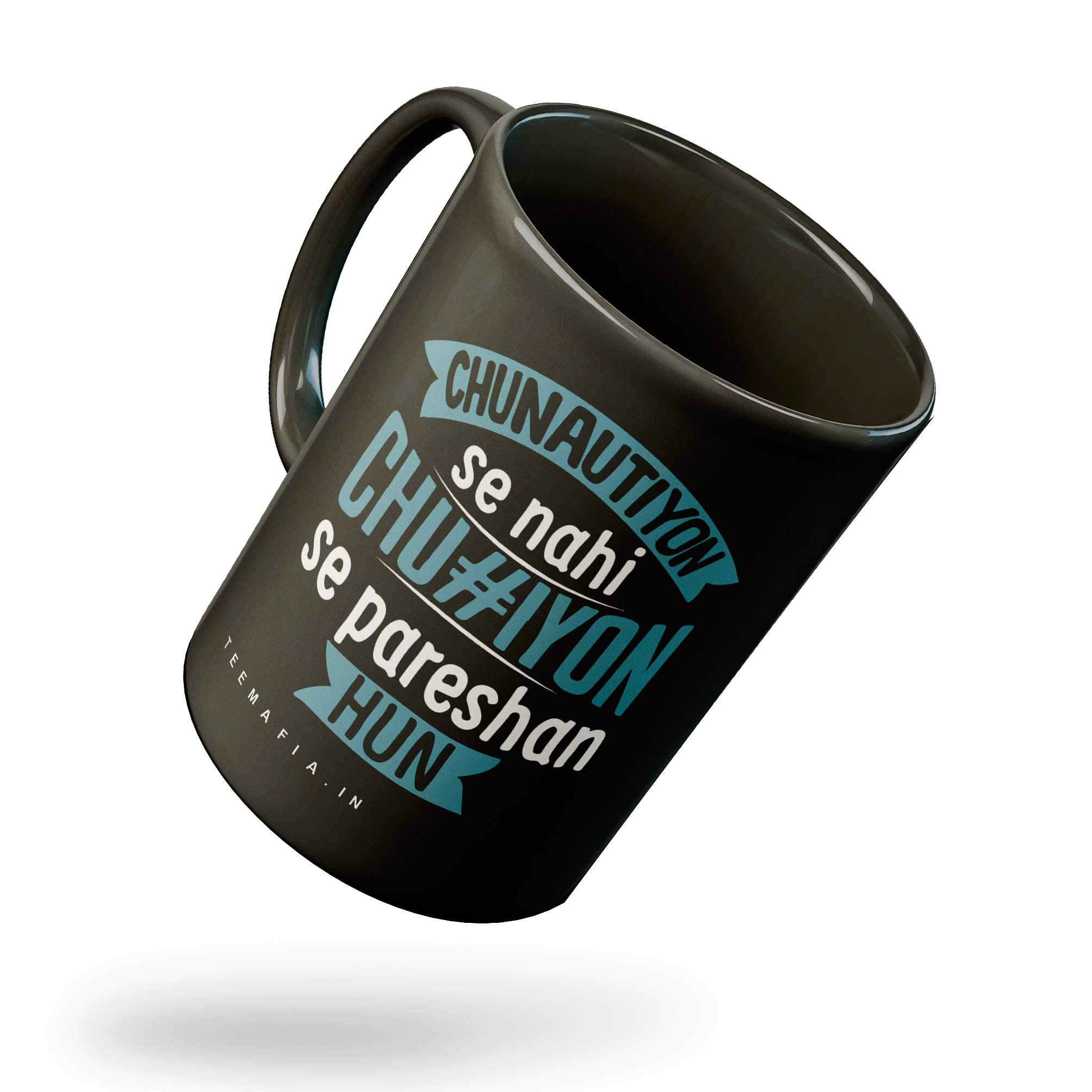 Tee Mafia Chunautiyon Nahi Se Pareshan Hoon Black Mug with Print | Desi Coffee Mug | Coffee Mug for Friends | Printed Coffee Mug | 330 ml, Microwave & Dishwasher Safe