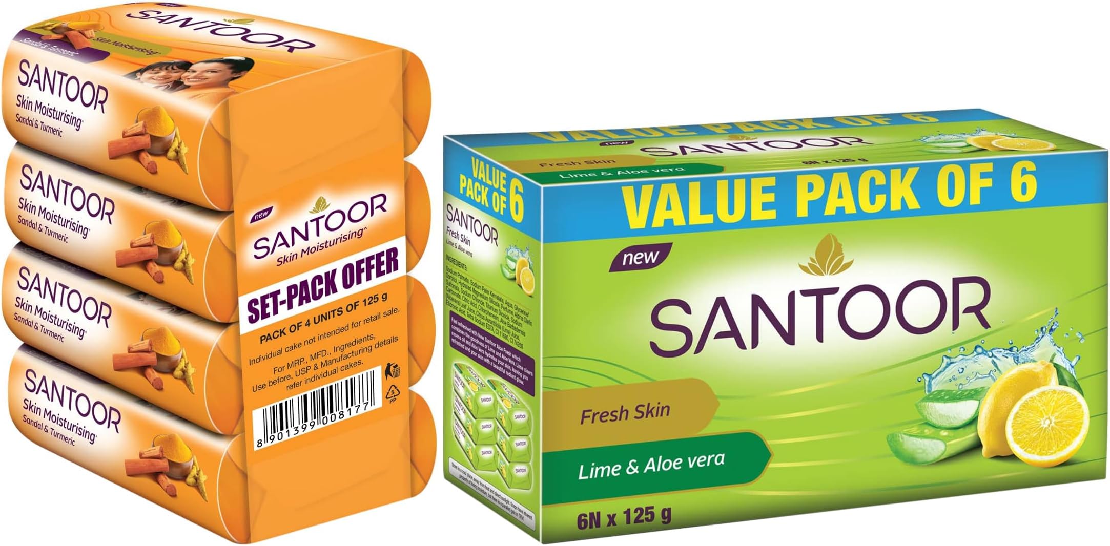 Santoor Aloe Fresh Soap, 125 g (Pack of 6) & Santoor Sandal and Turmeric Soap (Pack of 4 soaps 125g each)