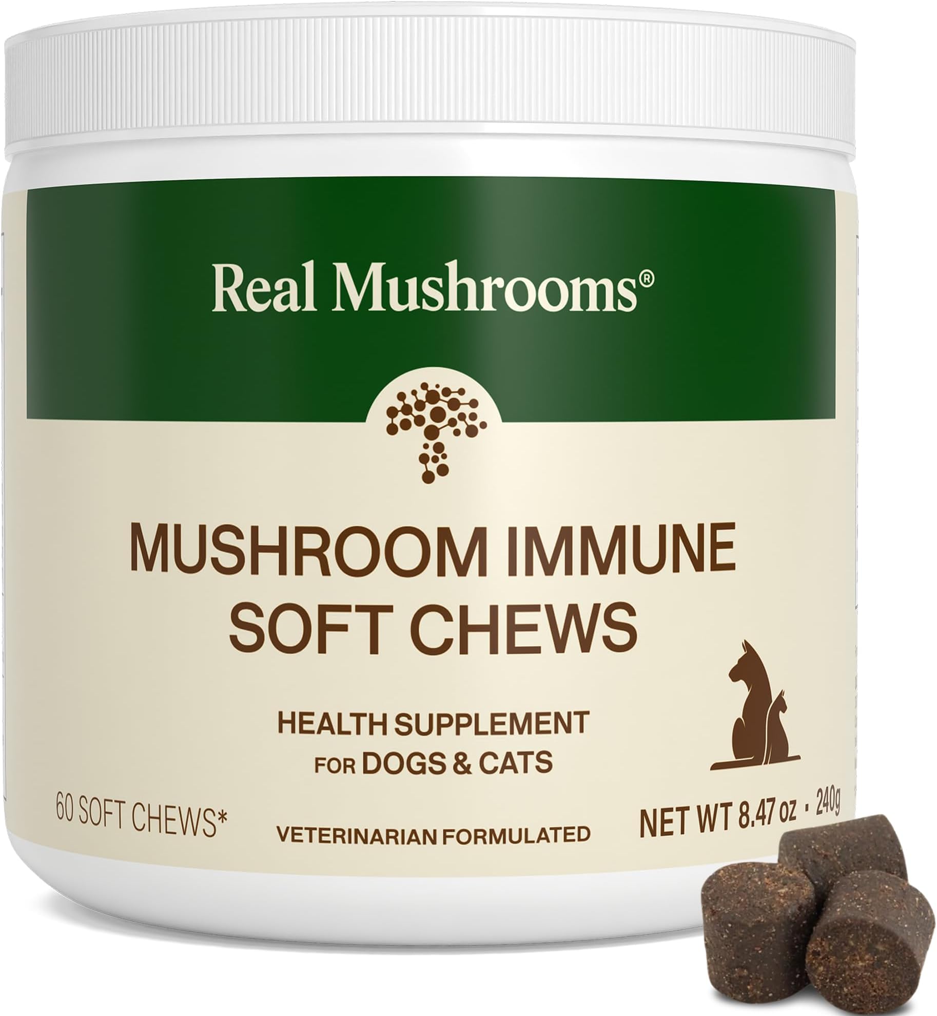 Real Mushroom Immune Pet Chews – For Daily Digestive & Immune Health – Mushrooms for Dogs & Cats Functional Treat – Mushroom Supplement for Dogs & Cats – 1 to 4 Chews For All Breeds & Sizes (60 Count)