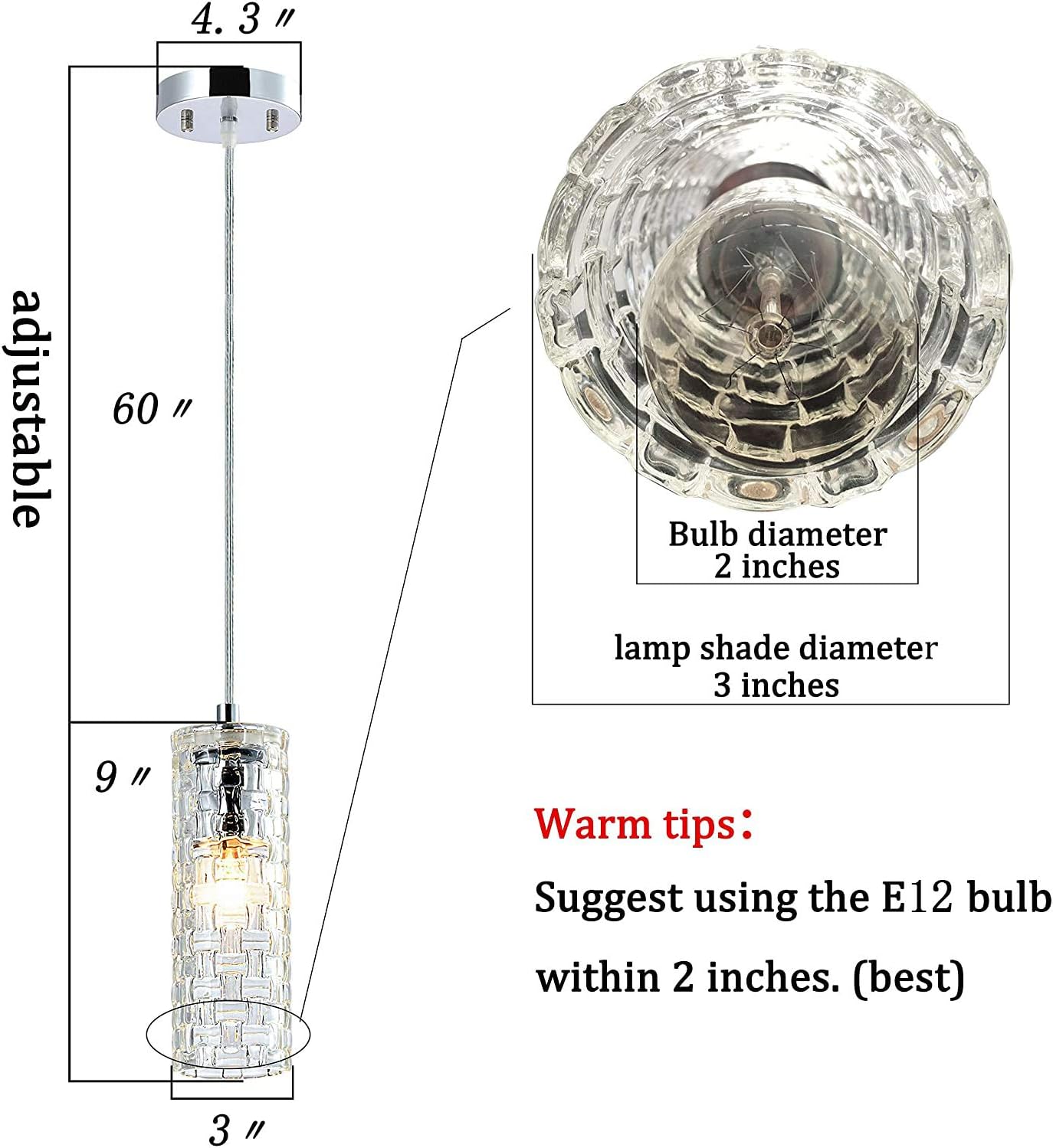 PAPAYA Glass Pendant Lighting Modern Mini Chandelier 1 Light Ceiling Lamp Fixture Adjustable Hanging Light Fixtures for Kitchen Island Hallway Closet