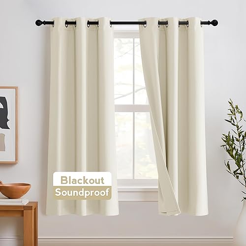 Miniatura 2 de RYB HOME - Cortinas con cancelación de ruido de 63 pulgadas de largo, juego de 2 paneles, 3 capas totales, cortinas opacas, insonorizadas, con