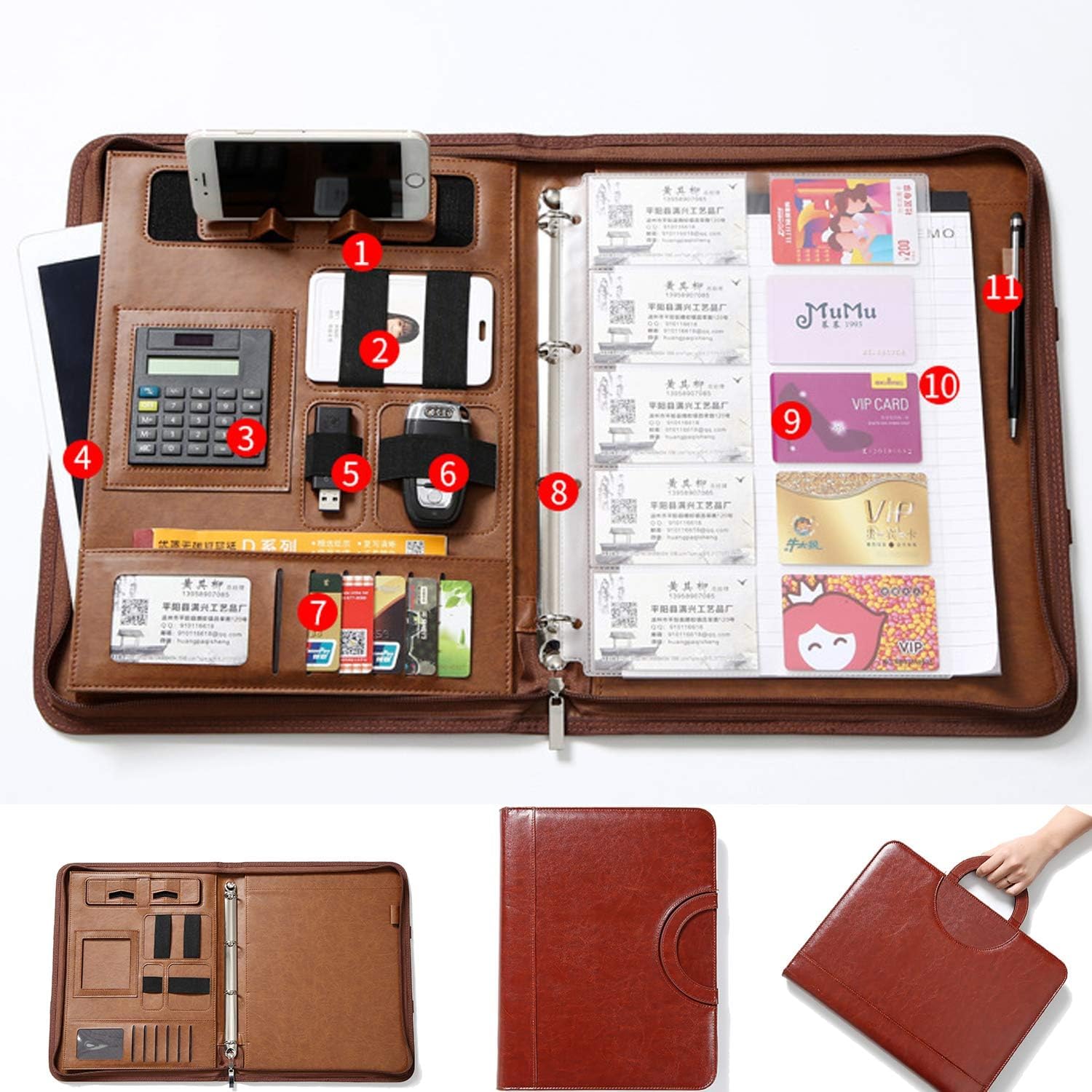 A4 Zipper Leather New Version Conference Folder Business Document Bag Portfolio with Ring Binder,A4 Writing Pad ,Card Holders,Calculator and Notebook Business Document File Folder