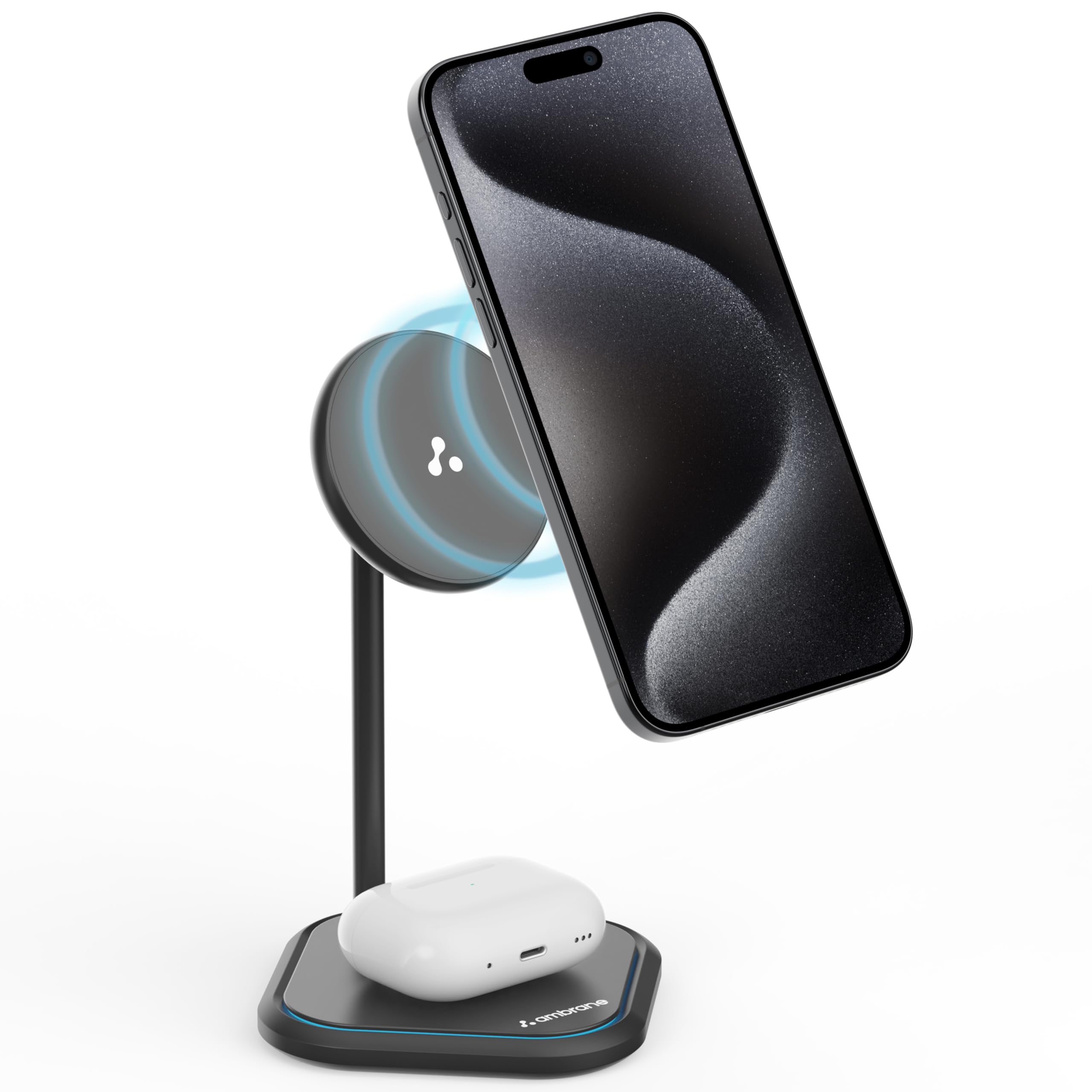 Ambrane 20W MagSafe 2in1 Wireless Charger & Mobile Stand for Both iPhone & Airpods (iPhone 15/15 Plus/15 Pro/15 Pro Max, iPhone 12/13/14 Series) & Qi Devices + Magnetic Ring (Aerosync Duo, Black) (B0D2KHKDCP) Amazon Price History, Amazon Price Tracker