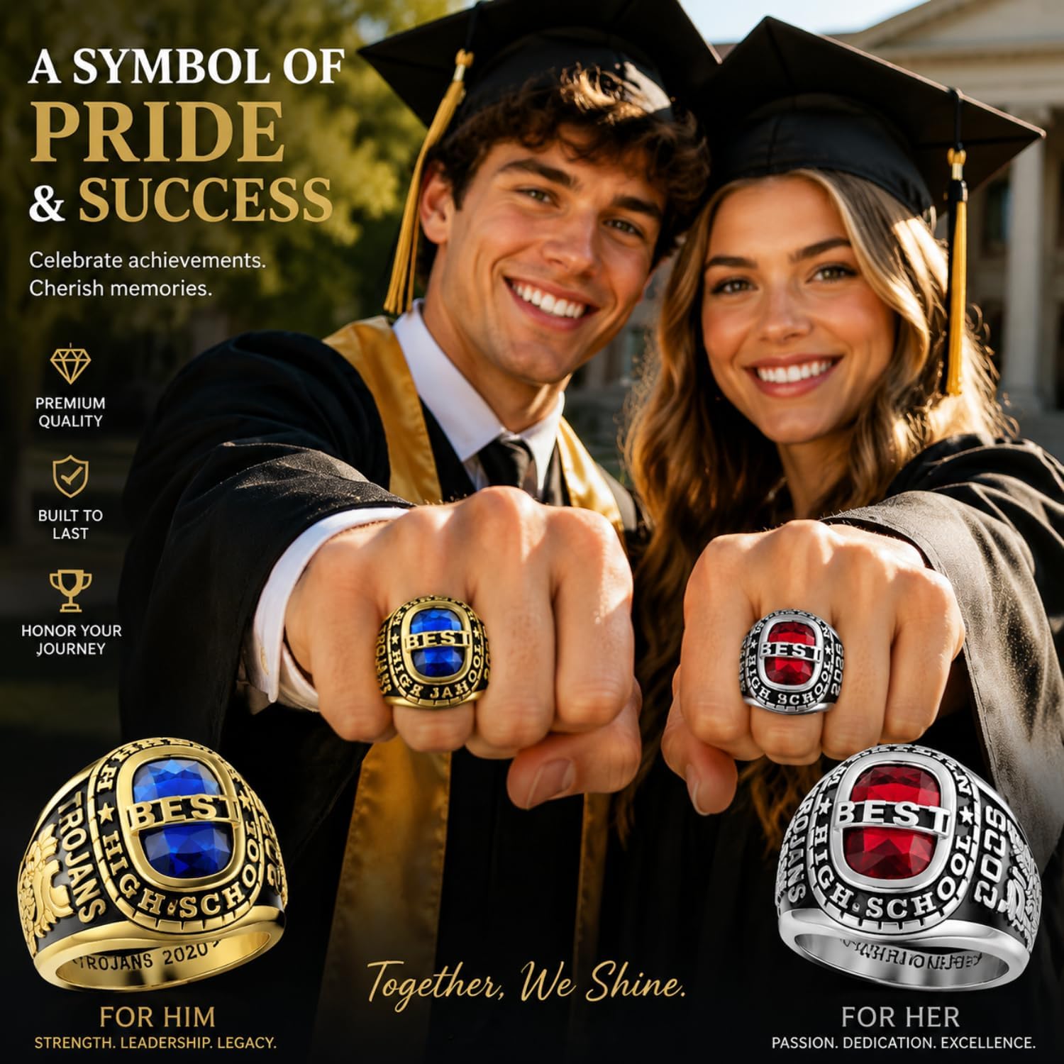 Eseres 2026 Class Rings Customizable for High School & College, Personalized Graduation Rings Engravable with Logo, Name, School Year with Birthstone for Men Women