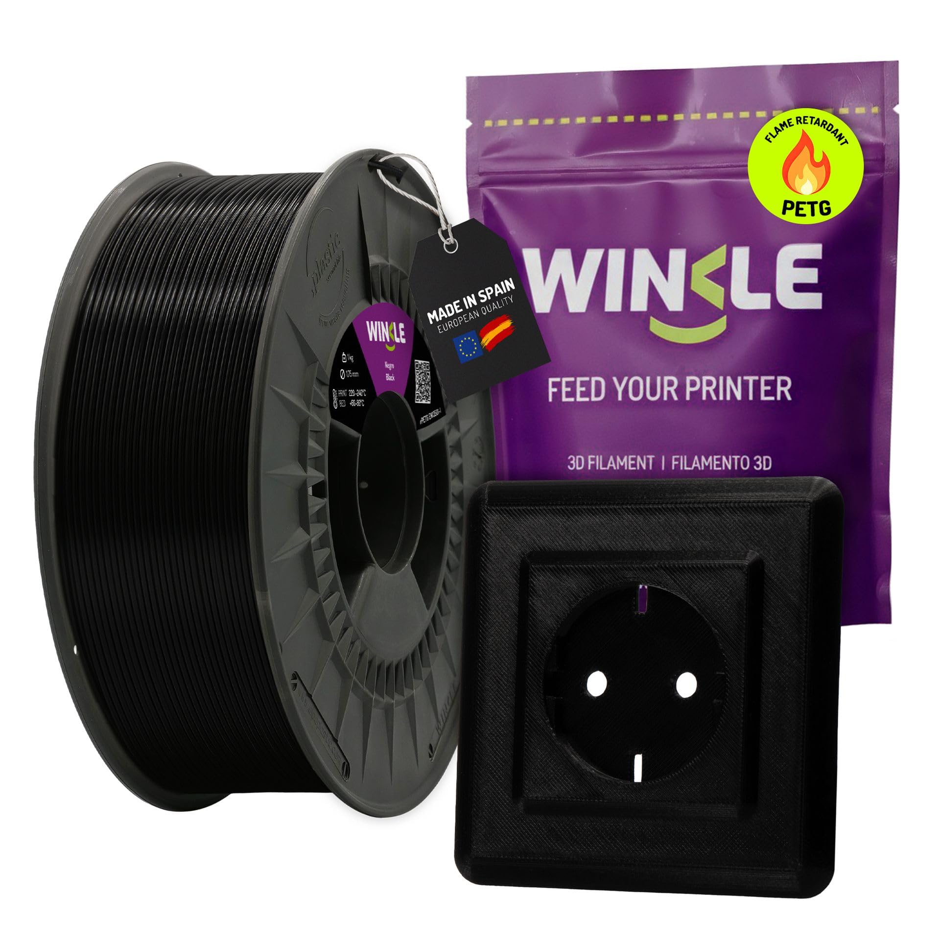 WINKLE Filament PETG FR 1,75 mm Noir 1 kg, Filament pour Imprimante 3D, PETG Résistant à la Flamme EN13501-1 pour Applications Électroniques et Exposition à des Sources de Chaleur, Précision