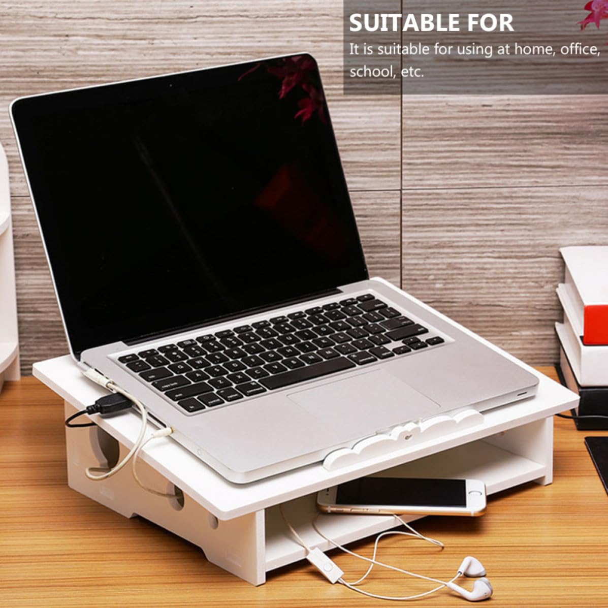 MAGICLULU Supporto per Laptop Rialzo Computer Portatile Funzione di Raffreddamento e Storage, Supporto Display, in Wood Plastic Board, Bianco, per Casa e Ufficio