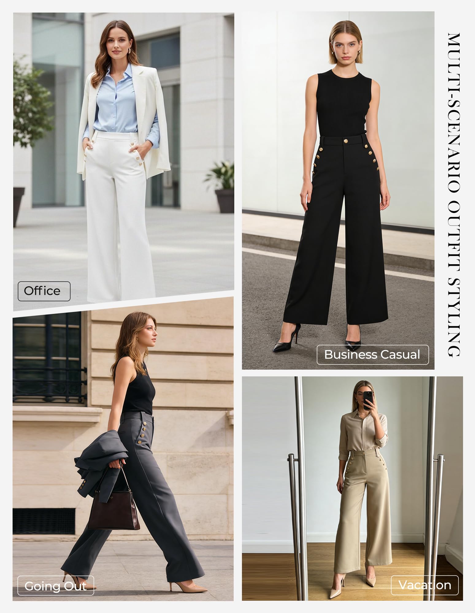 GRACE KARIN Pantalon Large pour Femme Pantalon de Travail stretchboutons décoratifstaille Haute avec Poches | Taille haute, poches, boutons décoratifs, décontracté, travail, bureau, réunions, trajets, fête, formel