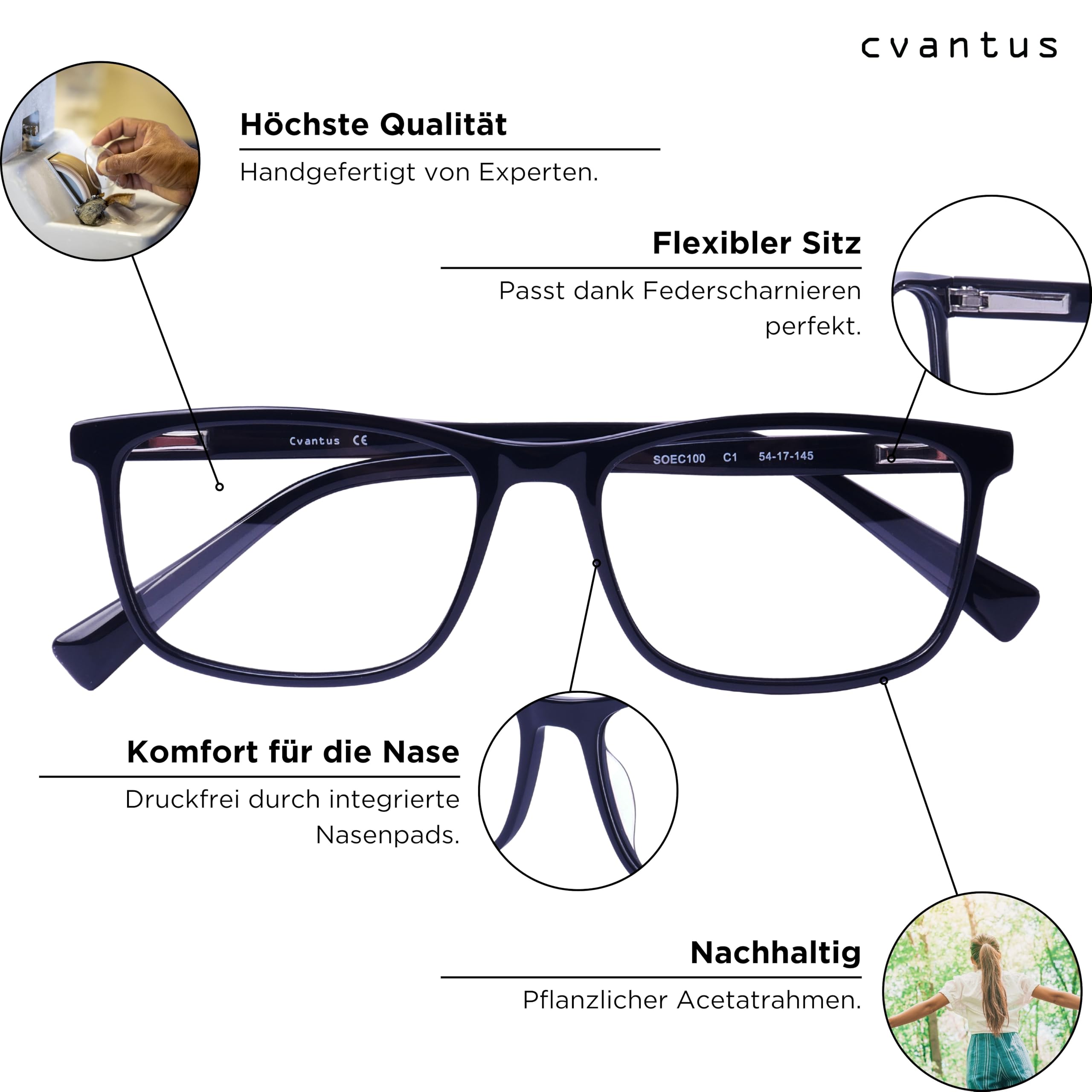Cvantus Premium Blaulichtfilter Brille Herren & Damen | Blaulicht- und UV-Blocker, Antireflex, Antistatisch | Schwarz Blaulichtfilter Brille Quadratisch | Verschreibungsqualität, Gemacht von Optikern