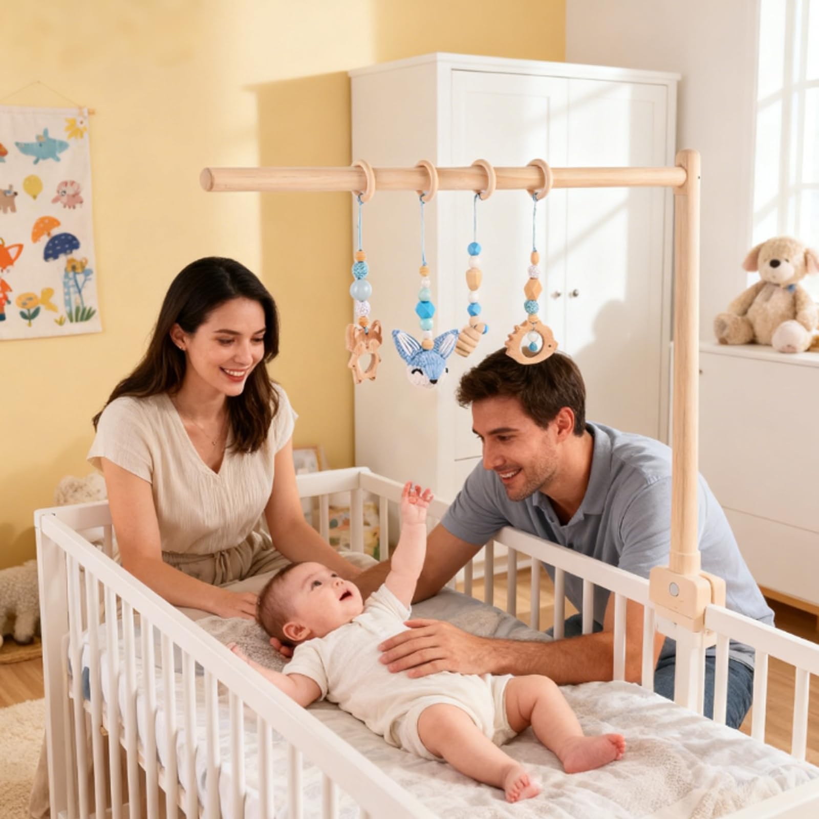 4 Pezzi Palestrina Neonato Montessori, Palestrina Neonato Legno, Giochi per Passeggino da Appendere, Baby Gym con Ciondolo in Legno, per Il Gioco e Il Fitness dei Bambini (Blu)