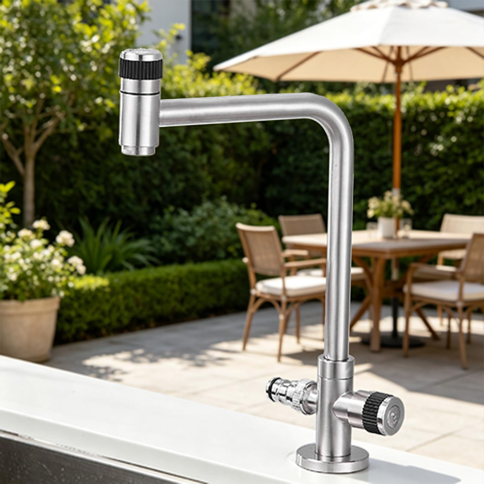 Grifo Exterior Doble Salida Giratorio 360° 1/2 Grifo Jardin De Acero Inoxidable Solo Agua Fría Apto para Lavadora,Cepillado