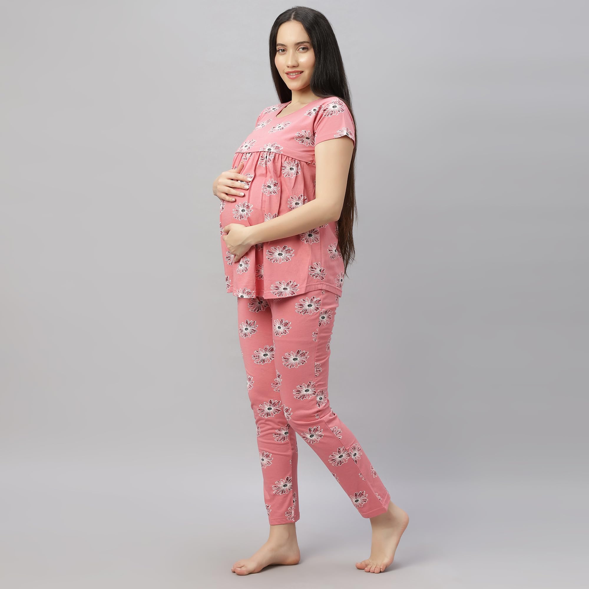 DZZO New Women's Cotton Printed Maternity Night Suit | Comfortable Feeding Night Dress | Soft & Breathable Nursing Pajama Set | Color - Peach, Size - M - Image 2 thumbnail
